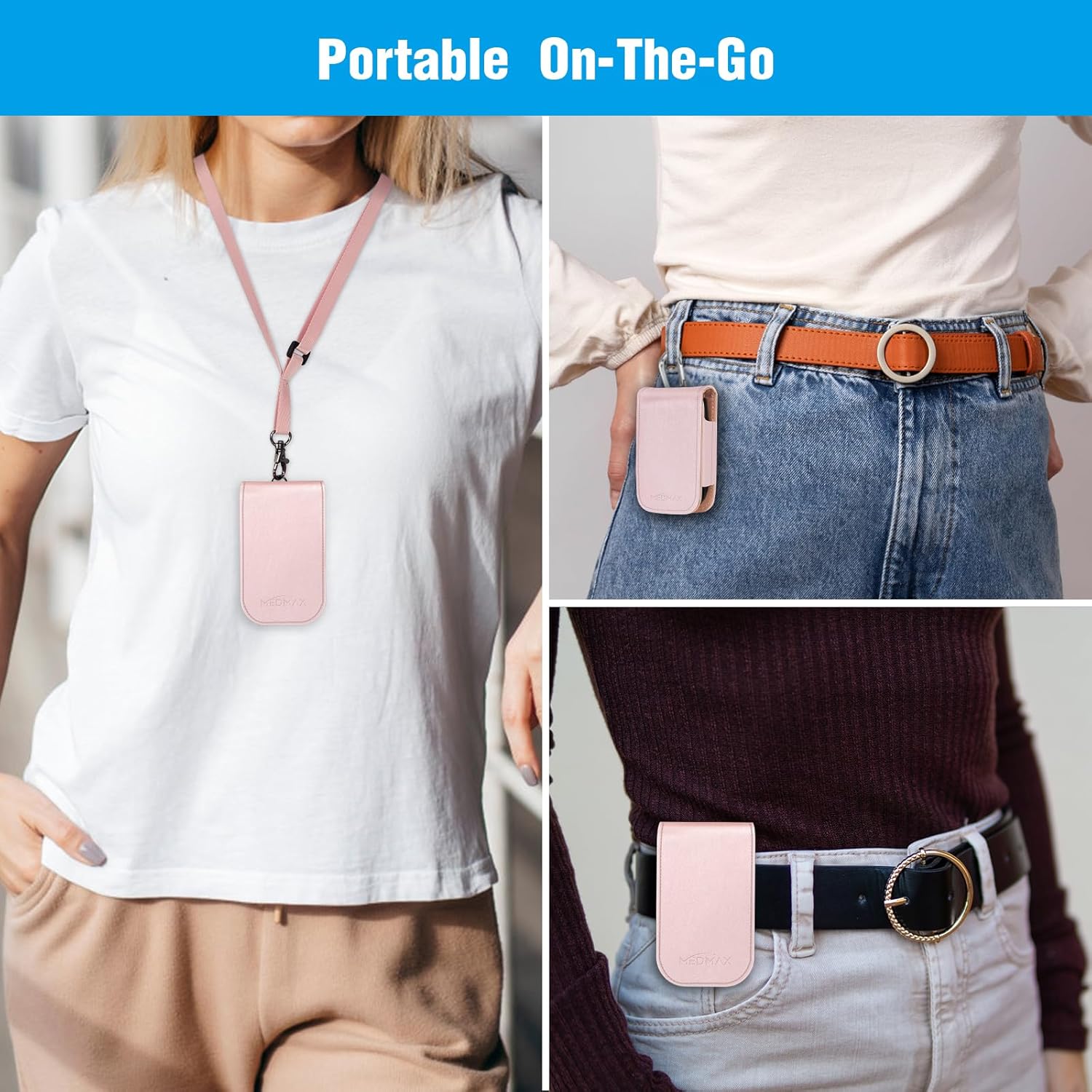 MEDMAX Hülle für Freestyle Libre 3/2 / Libre Reader Blutzuckermessgerät, Tasche mit Halshalter zum Umhängen, Kunstleder-Schutzhülle mit Karabiner-Clip für Diabetiker (Roségold) – Bild 6