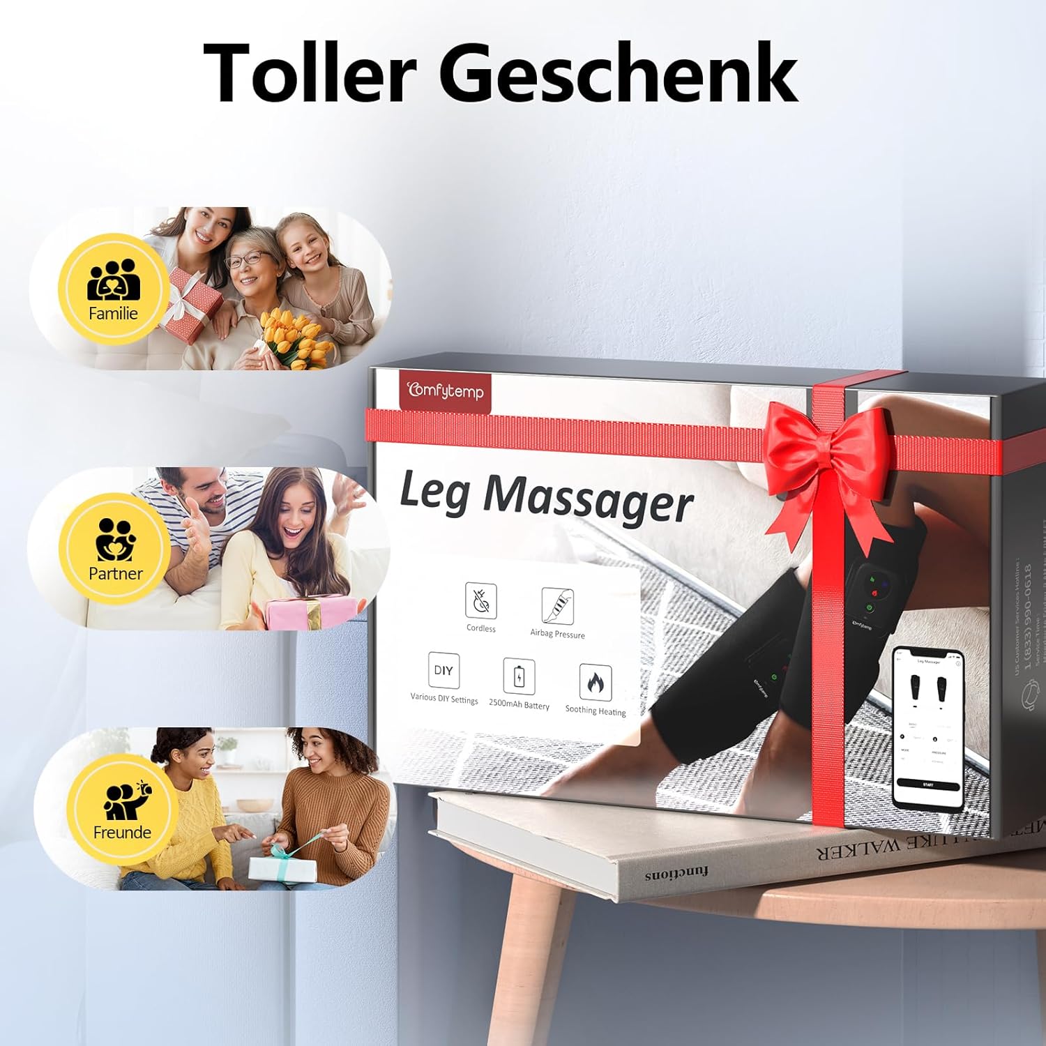 Comfytemp Kabelloses Beinmassagegerät (2 Stück), Luftkompressionsmassage mit Heizung für Beine, Waden, Unterschenkel, 45 x 33 cm, Massagegerät mit DIY, Steuerung per Knopfdruck und App, 2500 mAh Akku – Bild 8
