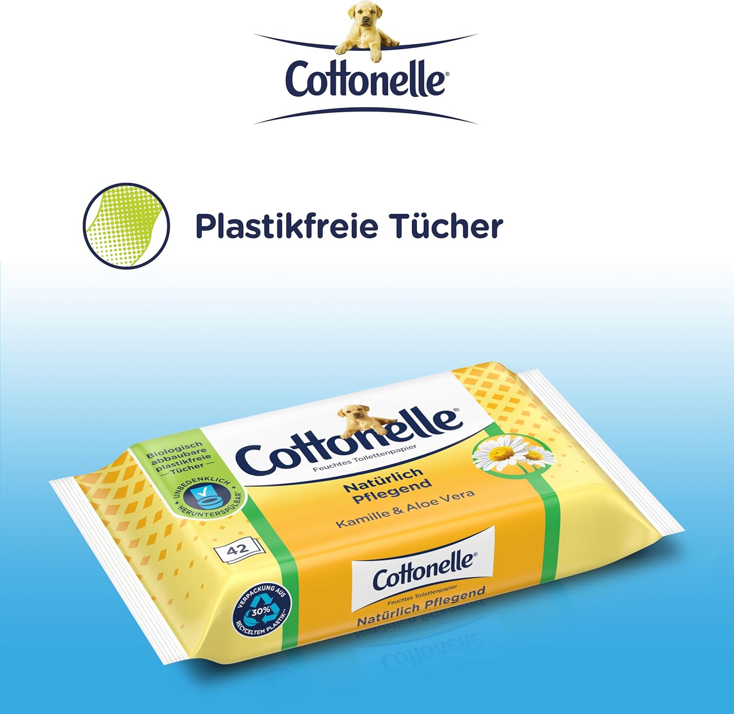 Cottonelle Feuchtes Toilettenpapier, natürlich pflegend – Kamille und Aloe Vera, biologisch abbaubar, plastikfrei, wiederverschließbar, Vorteilspackung, 12 x 42 Feuchttücher – Bild 6