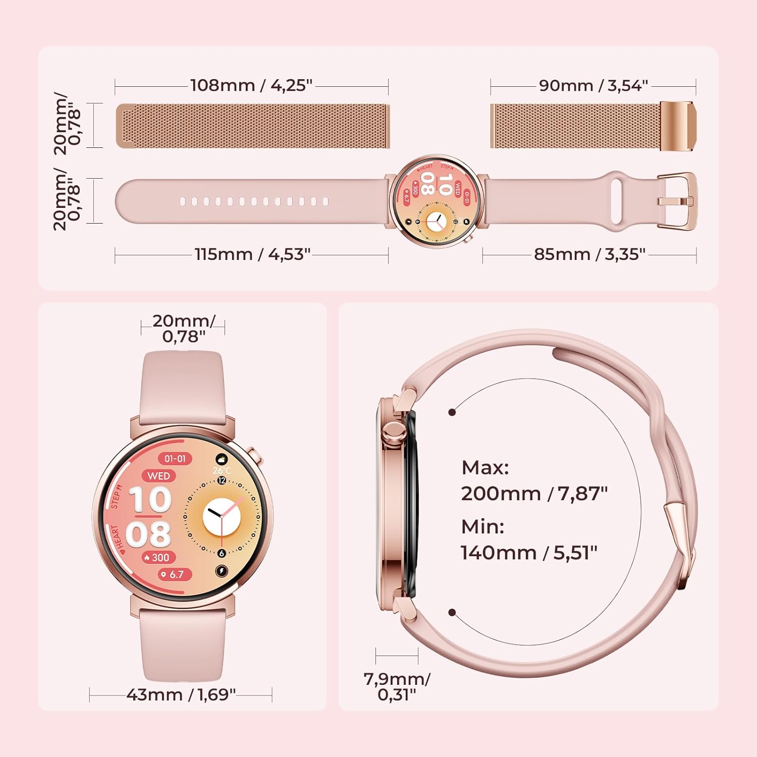 Damen-Smartwatch mit Telefonfunktion, 7,9 mm ultradünn, 1,32 Zoll AMOLED (1000 Nits/466 x 466), Fitnessuhr mit 2 Armbändern, 100+ Sportmodi, SpO2/Puls/Schlafmonitor, IP68 wasserdicht, iOS Android, Roségold – Bild 9