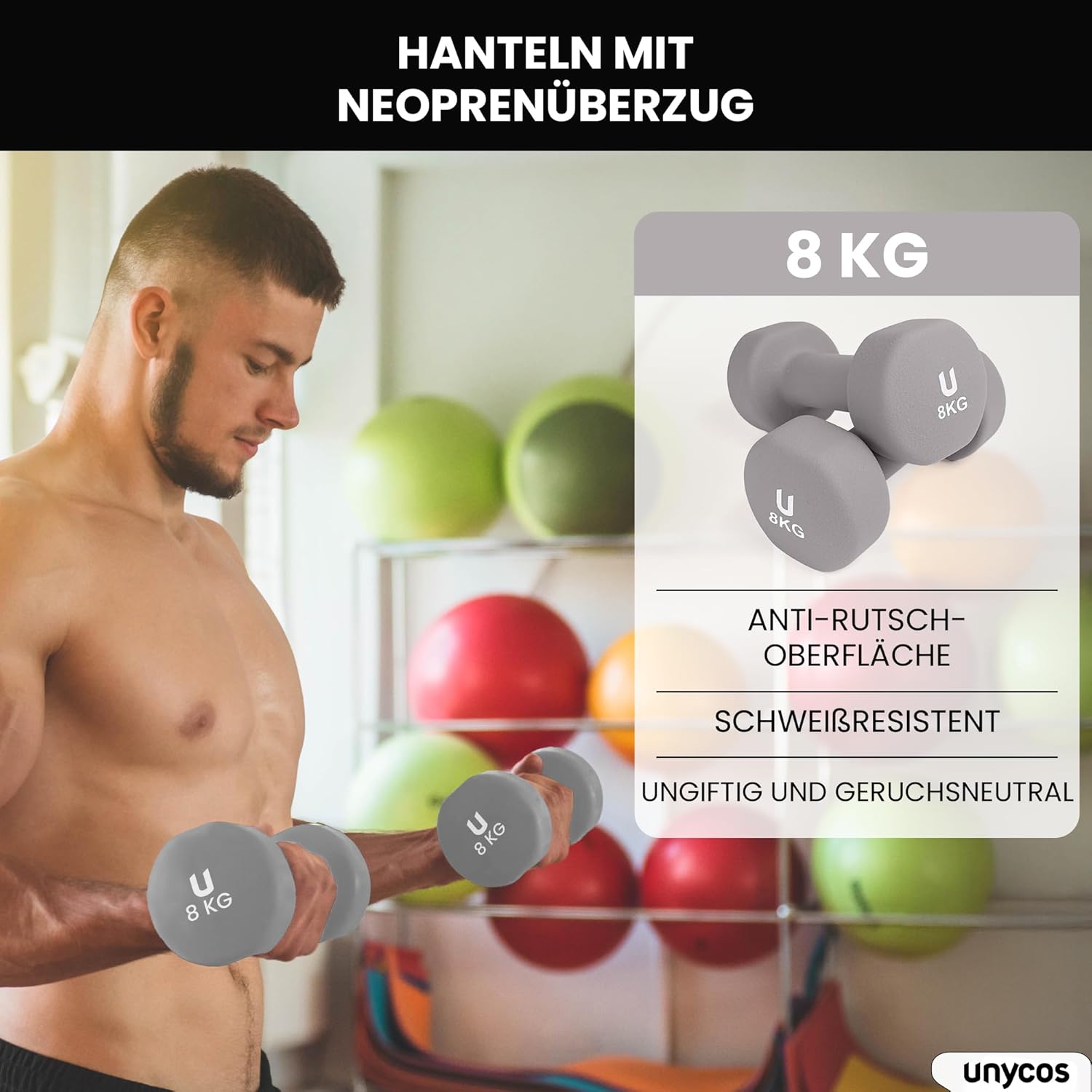unycos - Neopren-Hanteln 【2er-Set, 1-10 kg】Hanteln, rutschfest für Damen und Herren, Anti-Roll-Design, Fitnessstudio, Krafttraining, Pilates, Gymnastik, Fitnessgeräte für Zuhause – Bild 2