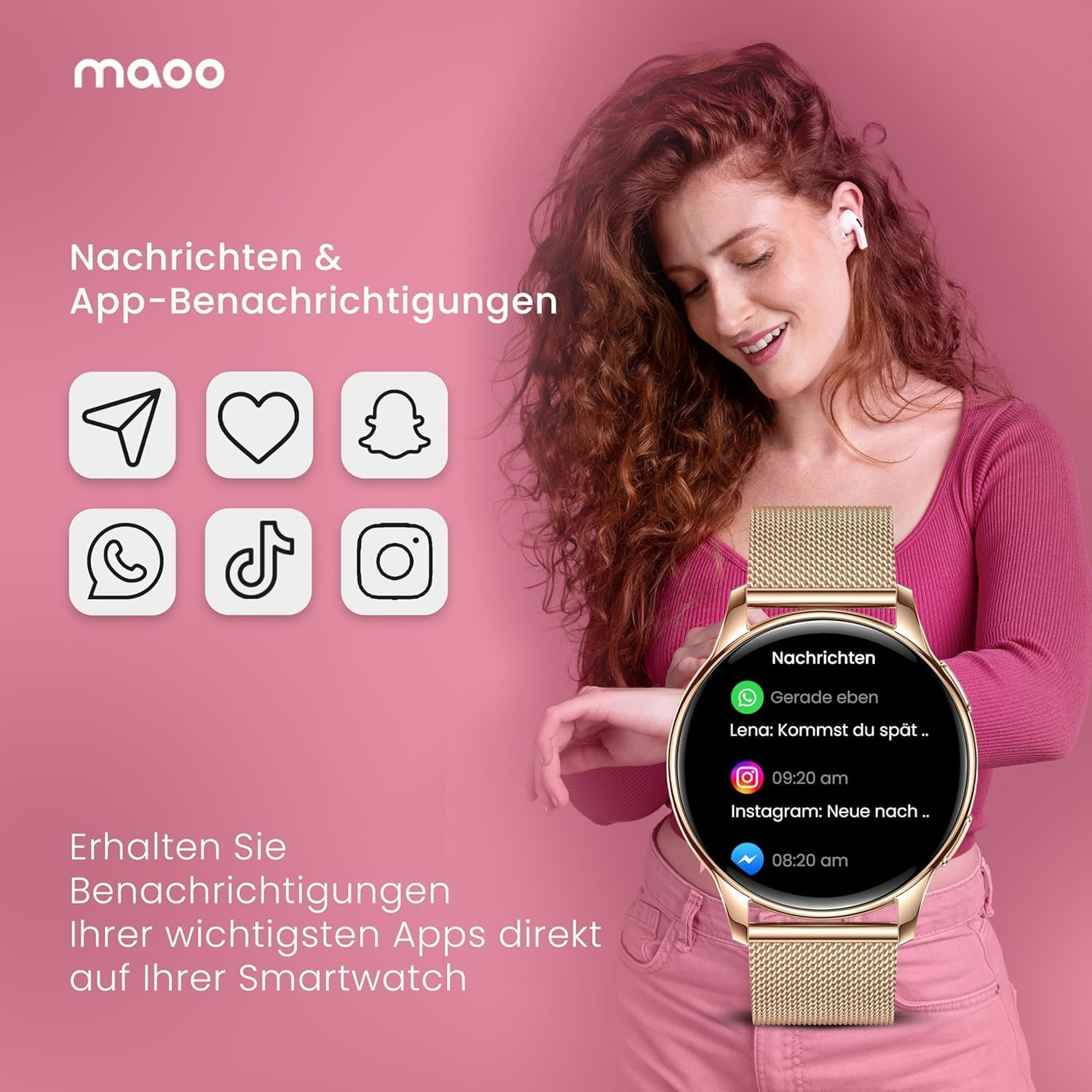 maoo Ventura Damen Smartwatch mit Anruffunktion, 1,32 Zoll AMOLED Display, Herzfrequenzmesser, SPO₂, Blutdruckmessgerät, 100+ Sportmodi, IP67 wasserdicht, inklusive 5 Armbändern (Roségold) – Bild 11