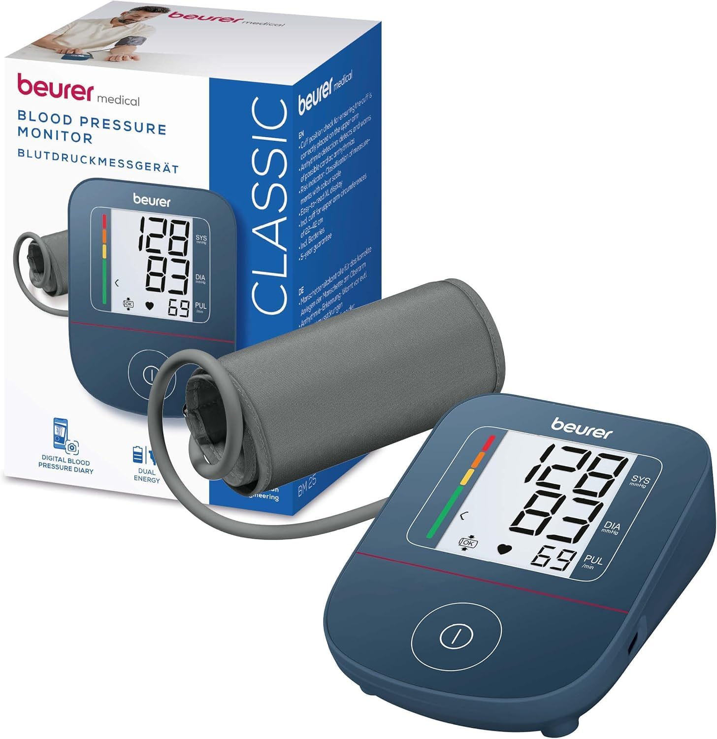 Beurer BM 25 Oberarm-Blutdruckmessgerät, einfache Ein-Knopf-Bedienung, genaue Messung, Arrhythmie-Erkennung, mit USB-C-Anschluss, Manschette, Datenübertragung an Apple Health und Co., Blau