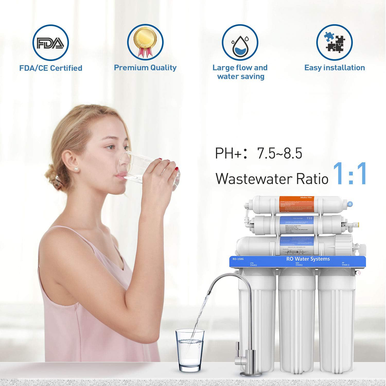 RO-150 6-stufiges Umkehrosmosesystem mit alkalischem pH + Filter | 150 GPD High Flow | Bleifreier Wasserhahn und lebensmittelechte Materialien | Für Küche, Haushalt und reines Trinkwasser – Bild 2