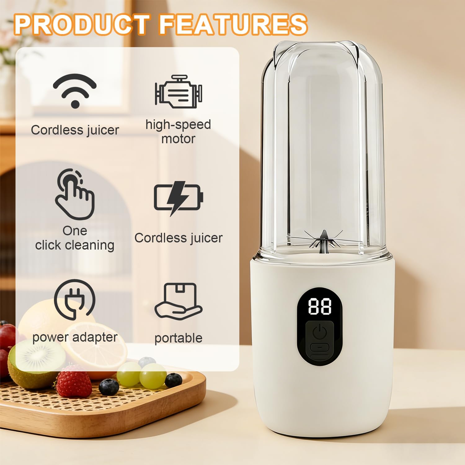 Tragbarer Mixer 500 ml, Smoothie Maker to Go mit Digitalanzeige & 16 Klingenklingen, Edelstahl, USB wiederaufladbarer Mini-Entsafter, BPA-freier Shaker für Shakes/Milchshakes für Küche/Reisen/Fitnessstudio (Weiß) – Bild 4