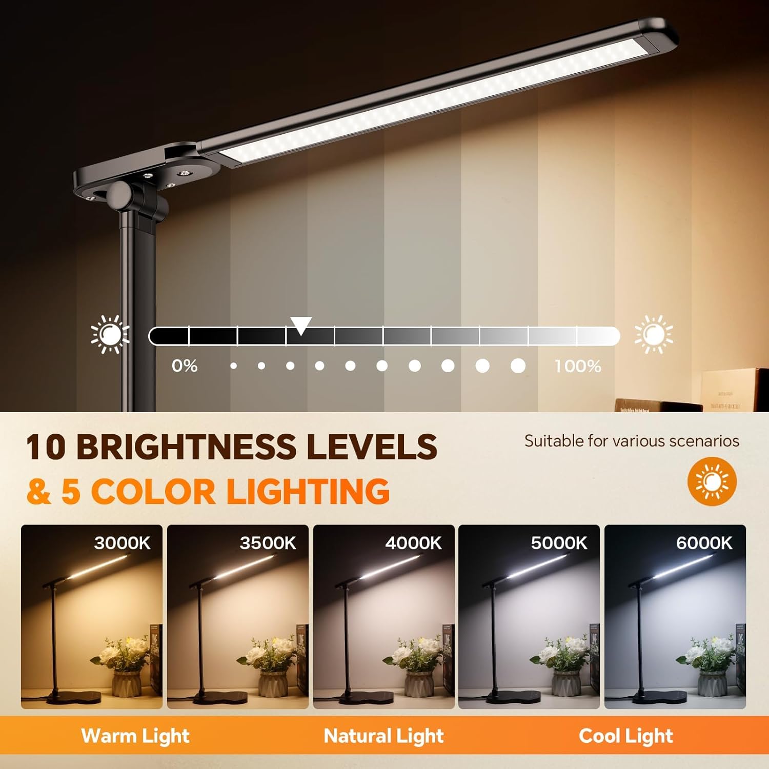 Caldarax Schreibtischlampe LED Dimmbar, Augenschutz Schreibtischlampe, 5 Farben und 10 Helligkeitsstufen, mit Timer und Touch-Steuerung, Tischlampe USB-Anschluss zum Lesen, Büro, Nachttisch, Arbeitszimmer (Schwarz) – Bild 2