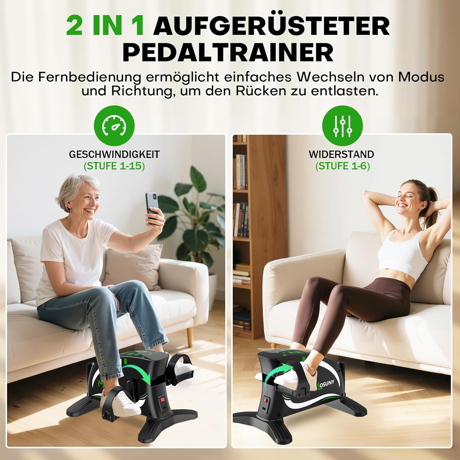 Pedaltrainer, MOSUNY 2026 2-in-1-Pedaltrainer für Zuhause mit Widerstand + Geschwindigkeit, leisem & großem LCD-Display + rutschfester Matte, Arm- und Beintrainer für Senioren, Heimtrainer für Senioren – Bild 3