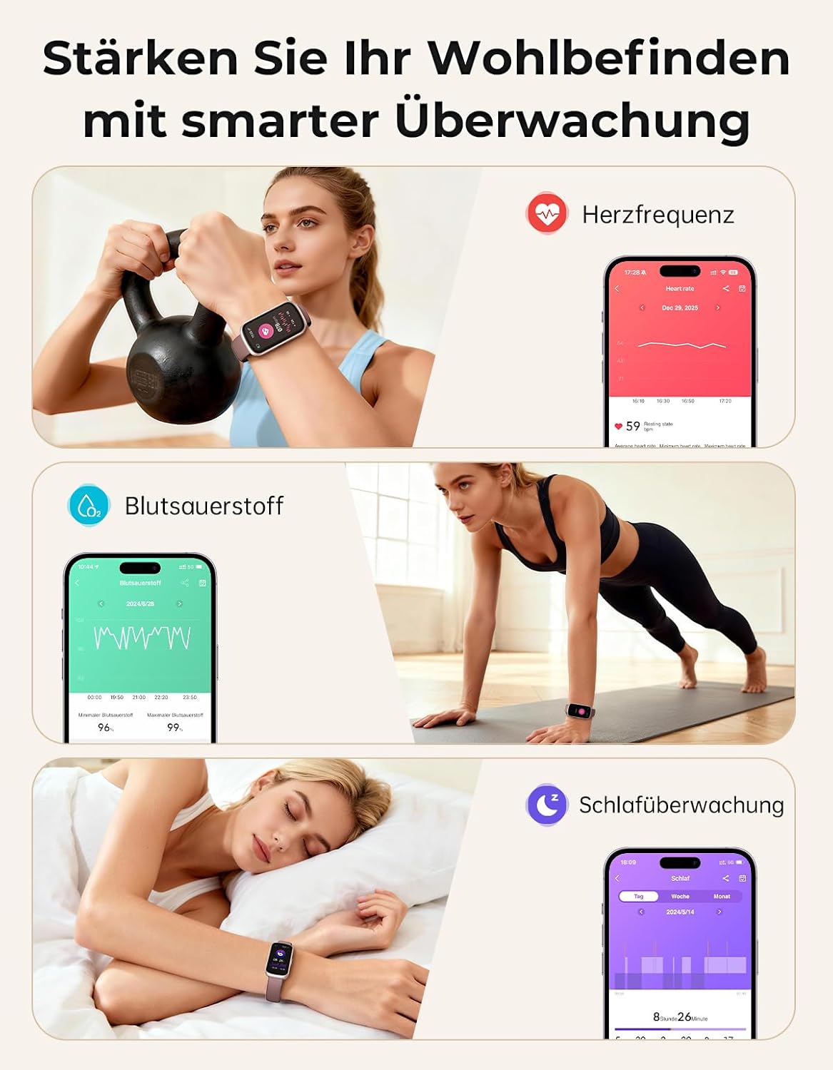 Smartwatch Damen Herren – 3 Armbänder, 1,47 Zoll kleine Fitness-Uhr als Fitness-Tracker, Aktivitätstracker, Herzfrequenzmesser, Uhr, SpO2, Schlaf-Tracker, Schrittzähler, Sportuhr für Android iOS, Roségold/Rauchviolett – Bild 5