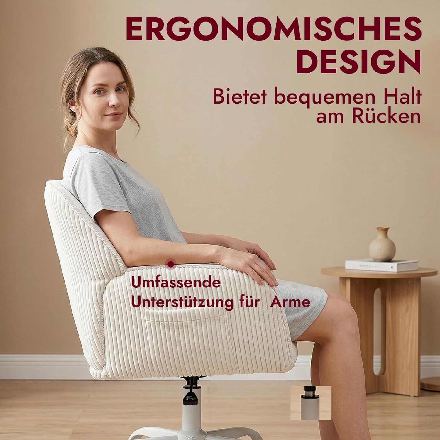 Bürostuhl, Schreibtischstuhl, Heimbürostuhl, Schminktischstuhl – Sherpa- und Cordstoff, ergonomisch mit Armlehnen, höhenverstellbar, 360° drehbar, leise Räder, breiter Sitz, stabil – Bild 4