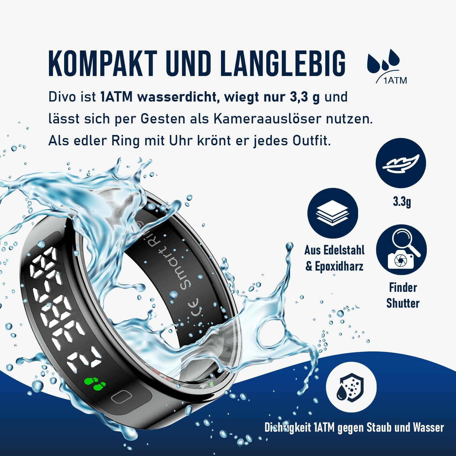 Fontastic Divo Smart Ring mit Display, Fitnessring mit Schlaftracker, Schrittzähler, Herzfrequenz- und Blutsauerstoffmessung, 1ATM wasserdicht, kabellose Ladestation, Fitnessring Android kompatibel – Bild 7