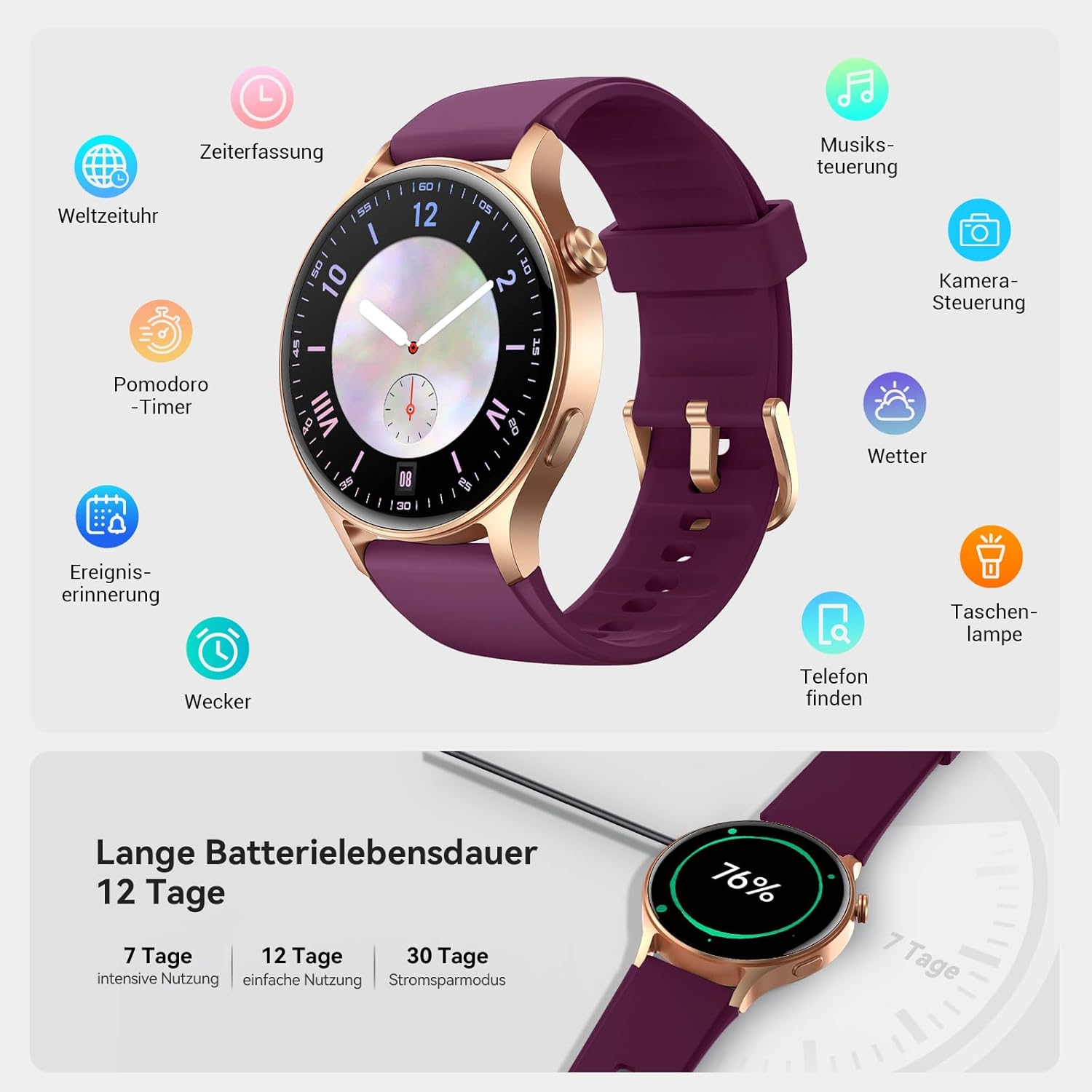 Runde Smartwatch für Damen mit Telefonfunktion, 1,32 Zoll AMOLED-Display, Fitnessuhr mit 110+ Sportmodi & 3ATM, Fitness-Tracker für iPhone/Android, Schrittzähler mit Herzfrequenzmesser, SpO2, Schlafmonitor, Lila – Bild 7
