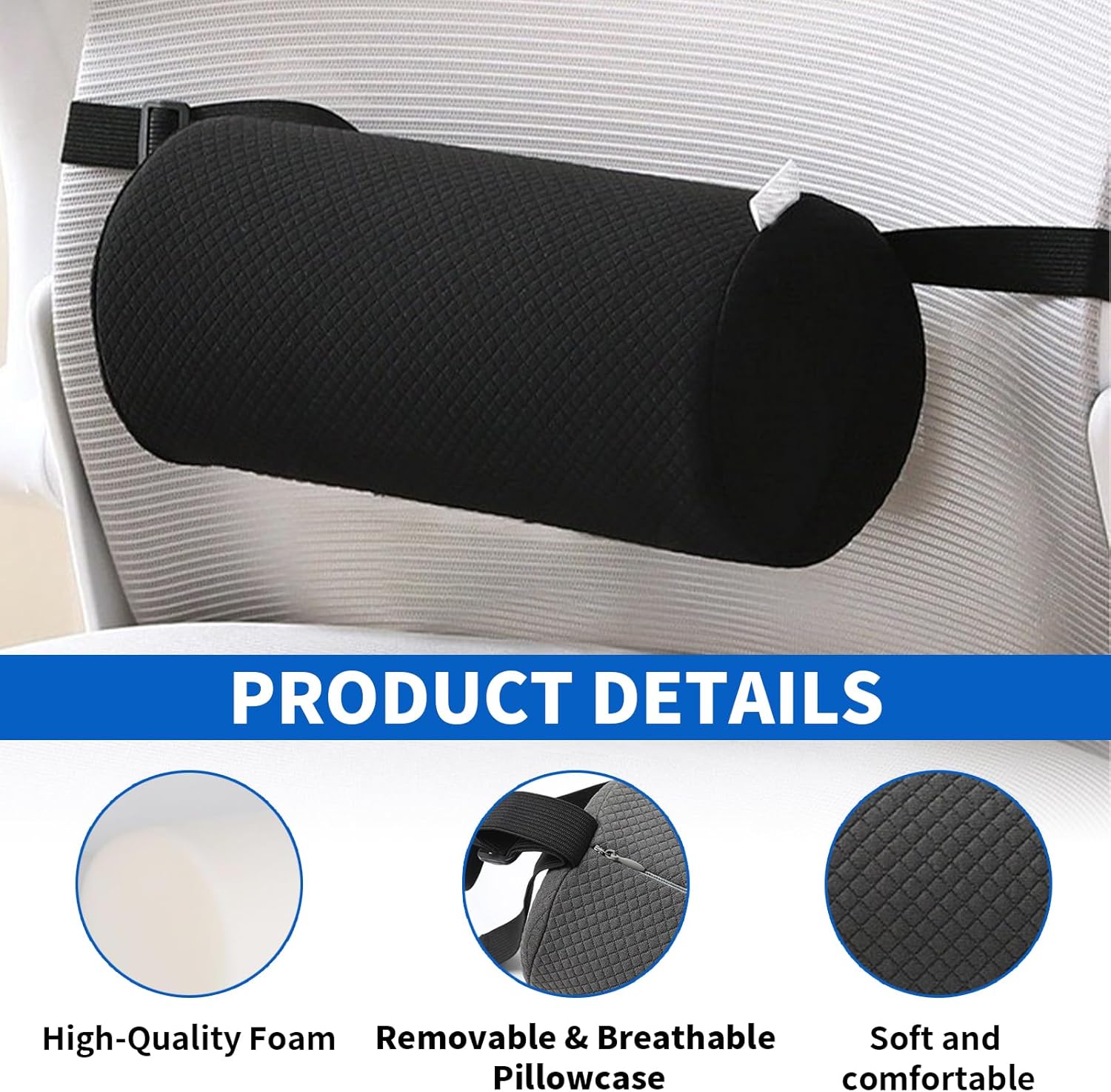 Lendenwirbelstütze Auto & Stuhl, Lendenkissen Rückenkissen Kurz, Orthopädisches Lendenkissen mit Bezug & Gurt, Bandscheibenwürfel Rückenstütze 28 x 11 cm (Schwarz) – Bild 3