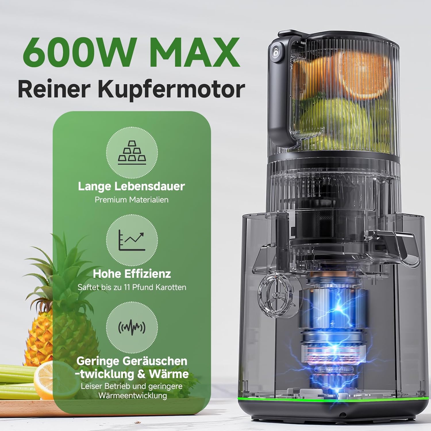 AMZCHEF Slow Juicer Entsafter für ganze Früchte & Gemüse, 155 mm XXL-Einfüllöffnung, Kaltpress-Entsafter mit hoher Saftausbeute, 2 Filter, 2,5 L Behälter, leise & leicht zu reinigen, schwarz – Bild 7