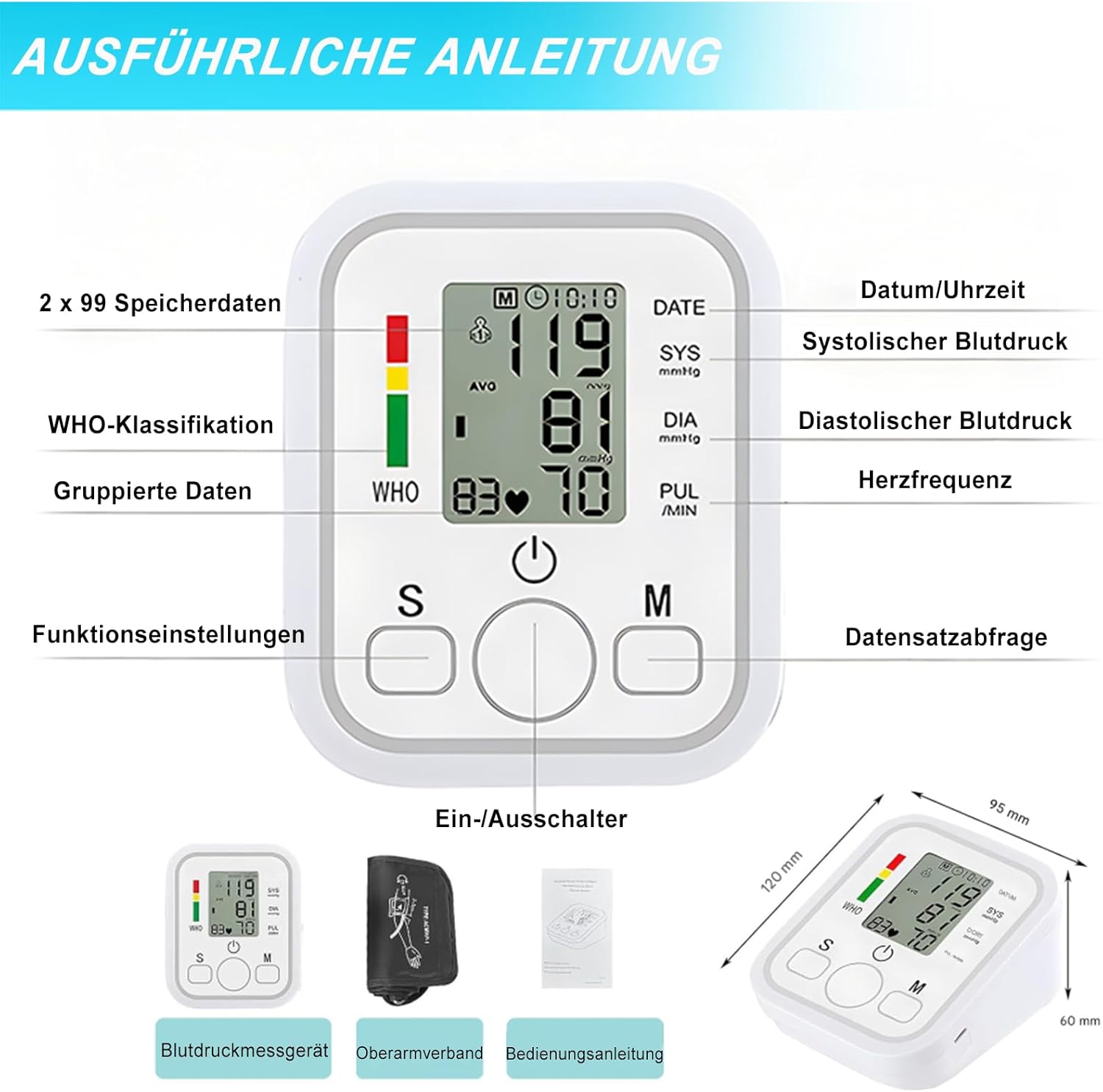 Blutdruckmessgerät, Oberarm-Blutdruckmessgerät, digitales Blutdruckmessgerät für den Heimgebrauch, Arrhythmie-Erkennung, Pulsmessung, Risikoanzeige, LED-Anzeige – Bild 7