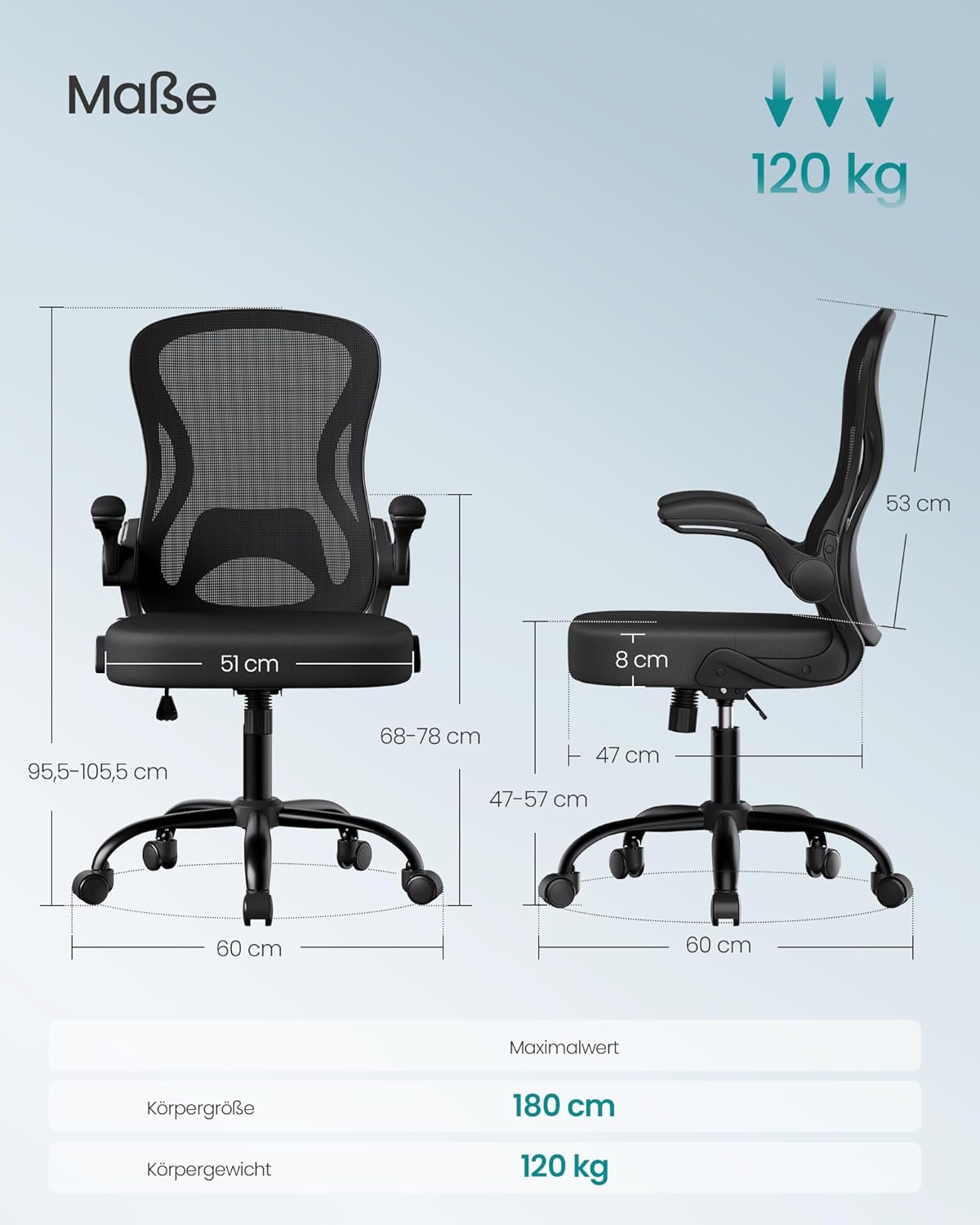 SONGMICS Bürostuhl, ergonomischer Netzdrehstuhl, Schreibtischstuhl mit Lordosenstütze, Wippfunktion, klappbare Armlehnen, für Arbeitszimmer, Schlafzimmer, Tintenschwarz OBN042BH02 – Bild 2