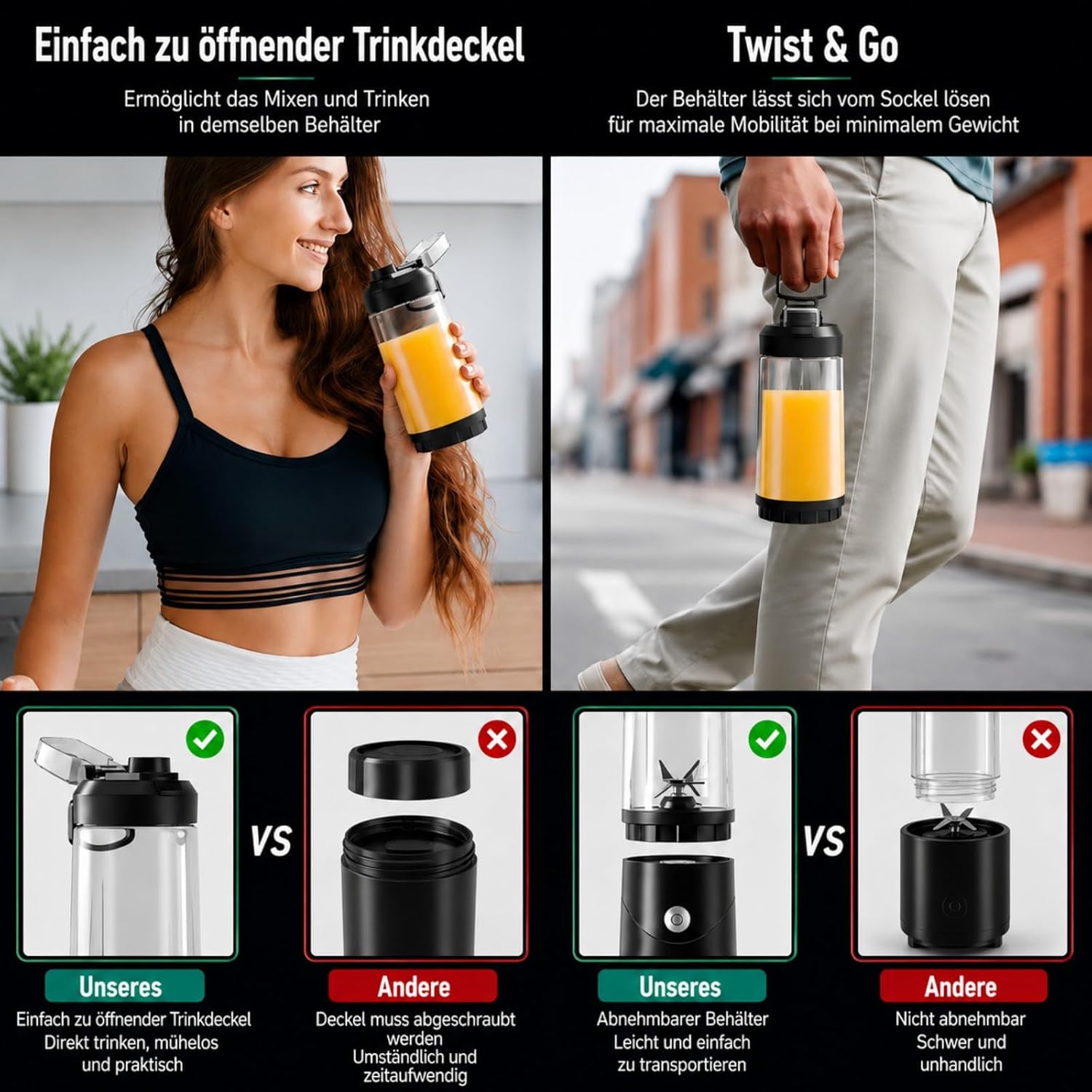 Smoothie Maker To Go mit USB-C, Tragbarer Mixer Mini-Standmixer 650ml für Smoothies & Protein Shakes, Tragbarer Mixer mit 6 Edelstahlklingen, Ice Crush, Auslaufsicherer Deckel & Trinkschnabel – Bild 8
