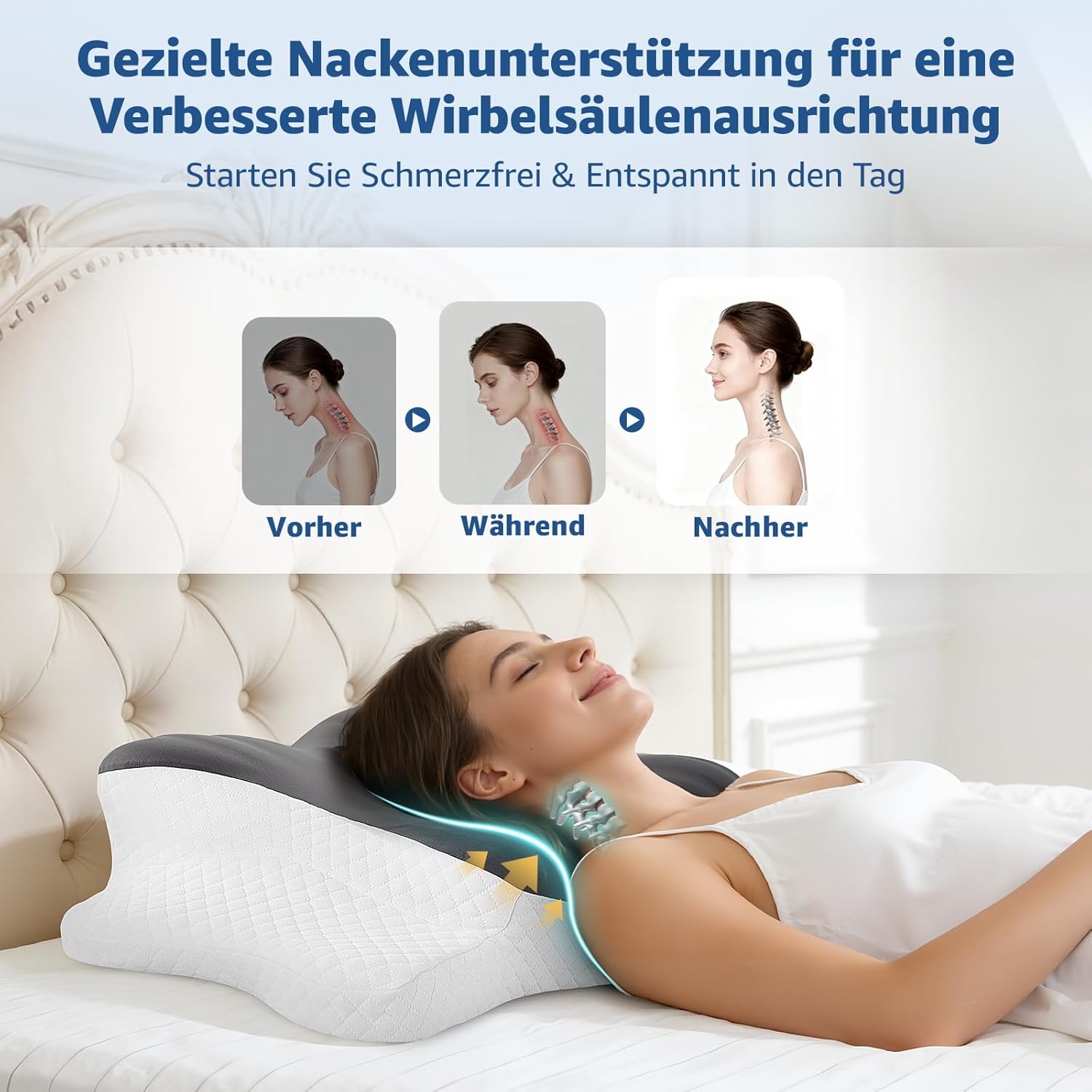 BRO Upgrade Ergonomisches orthopädisches Memory-Schaum-Kissen – Nackenstützkissen mit atmungsaktivem, abnehmbarem Kissenbezug für Seiten-, Rücken- und Bauchschläfer, Grau – Bild 8