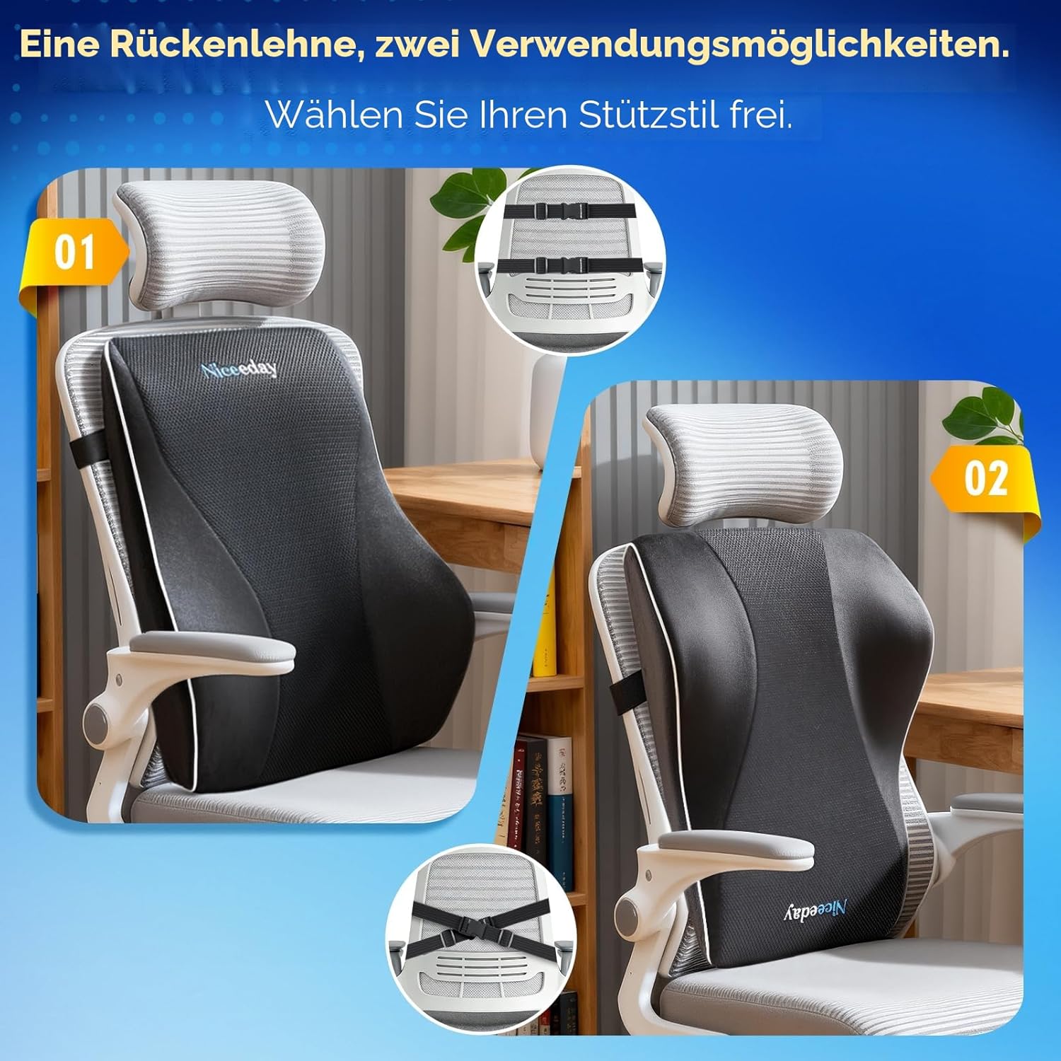Niceeday Lendenwirbelstützkissen für Bürostuhl, Auto-Lendenkissen, Memory-Schaum-Rückenstützkissen mit atmungsaktiver 3D-Netz-Rückenstütze für Bürostuhl, Rückenstütze, Rückenlehne 3D-Groß – Bild 5