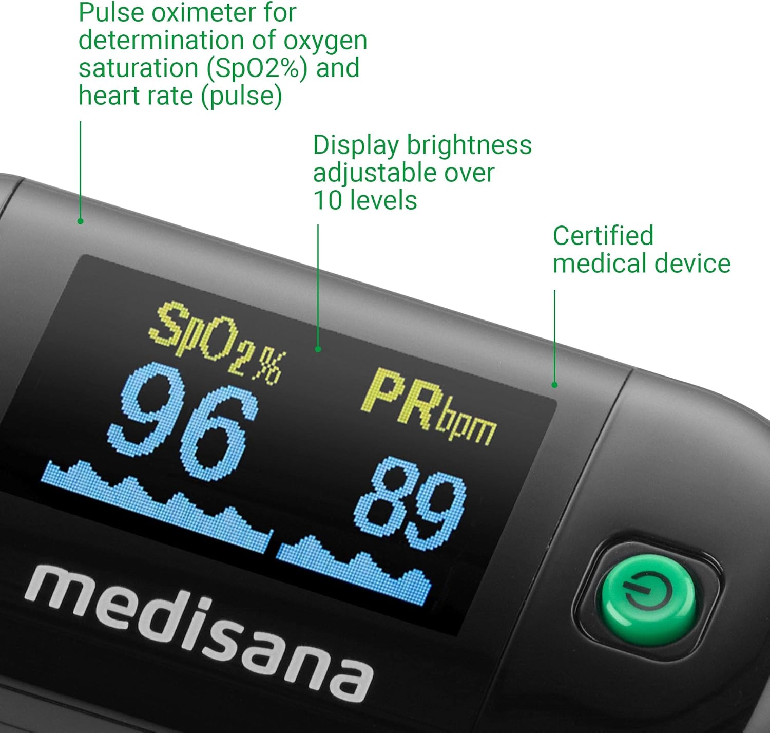Medisana PM 100 Pulsoximeter, Messung der Sauerstoffsättigung im Blut, Fingerpulsoximeter mit OLED-Display und One-Touch-Bedienung in Schwarz – Bild 4