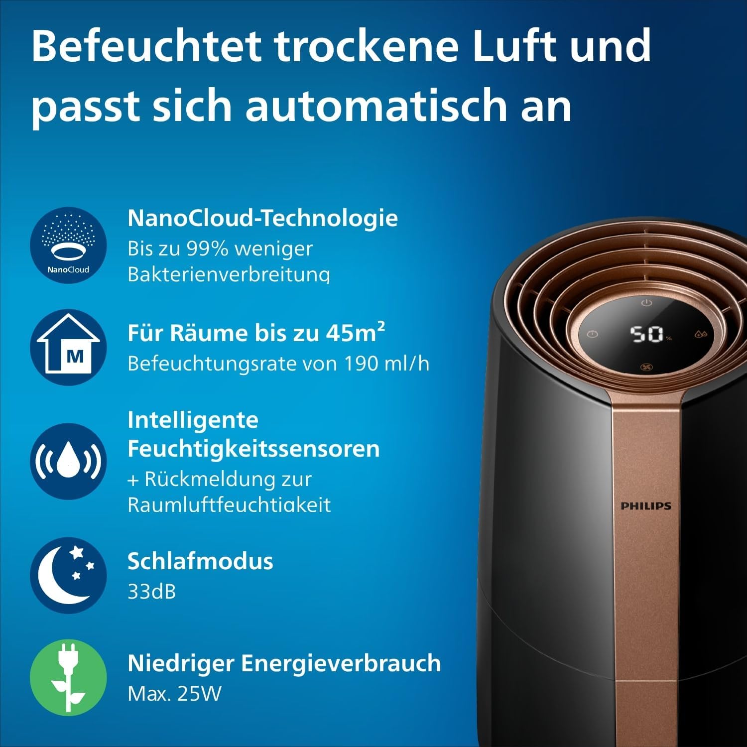 Philips 3000 Series HU3918/10 Luftbefeuchter, für bis zu 45 m², hygienische NanoCloud-Technologie, leiser Nachtmodus, Automatikmodus, 3 Liter Wassertank, schwarz – Bild 2