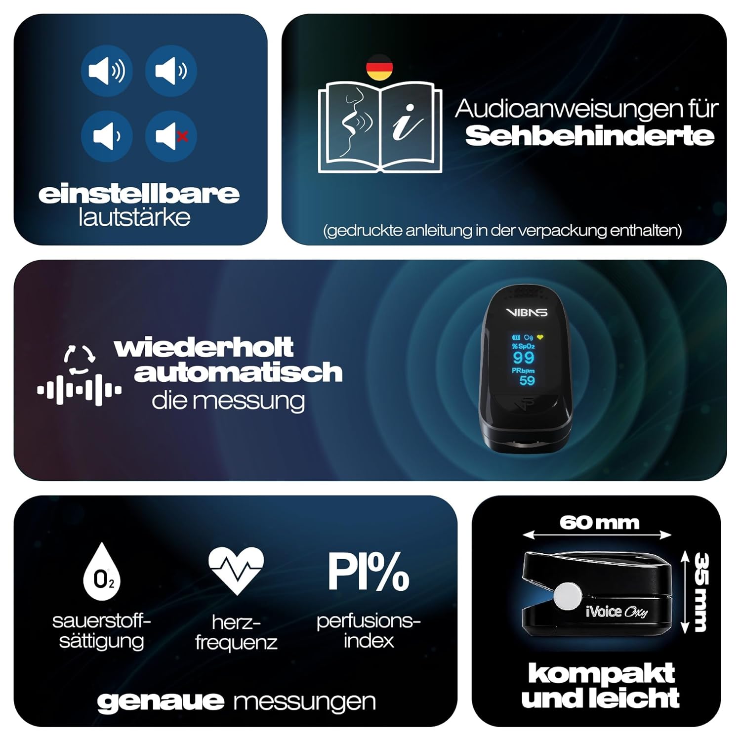 iVoice Oxy Sprechendes Pulsoximeter mit Sprachfunktion, Misst SpO₂ & Herzfrequenz, Mehrsprachig, Automatische Wiederholung, Lautstärke Einstellbar, Inkl. Batterien – Bild 3