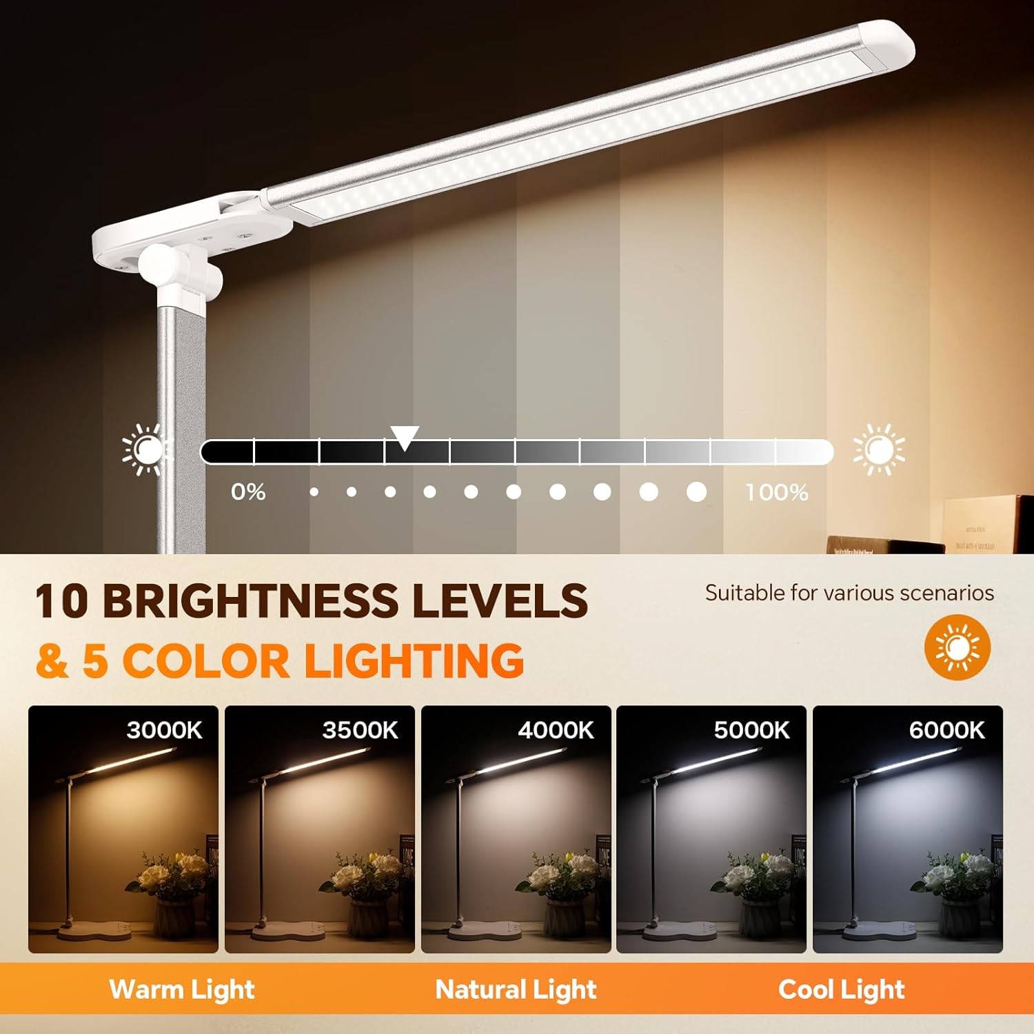 Caldarax Schreibtischlampe LED Dimmbar, Augenschutz Schreibtischlampe, 5 Farben und 10 Helligkeitsstufen, mit Timer und Touch-Steuerung, Tischlampe USB-Anschluss zum Lesen, Büro, Nachttisch, Arbeitszimmer (Weiß) – Bild 3