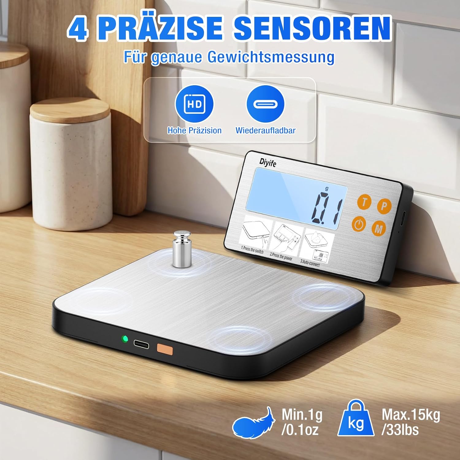 Diyife Küchenwaage, digital, geteilt, Edelstahl, 1 g/15 kg, Haushaltswaage, USB-Aufladung und batteriebetrieben, hintergrundbeleuchtetes LCD-Display, Küchenwaage, Zählfunktion zum Backen, Kochen, Essen – Bild 5