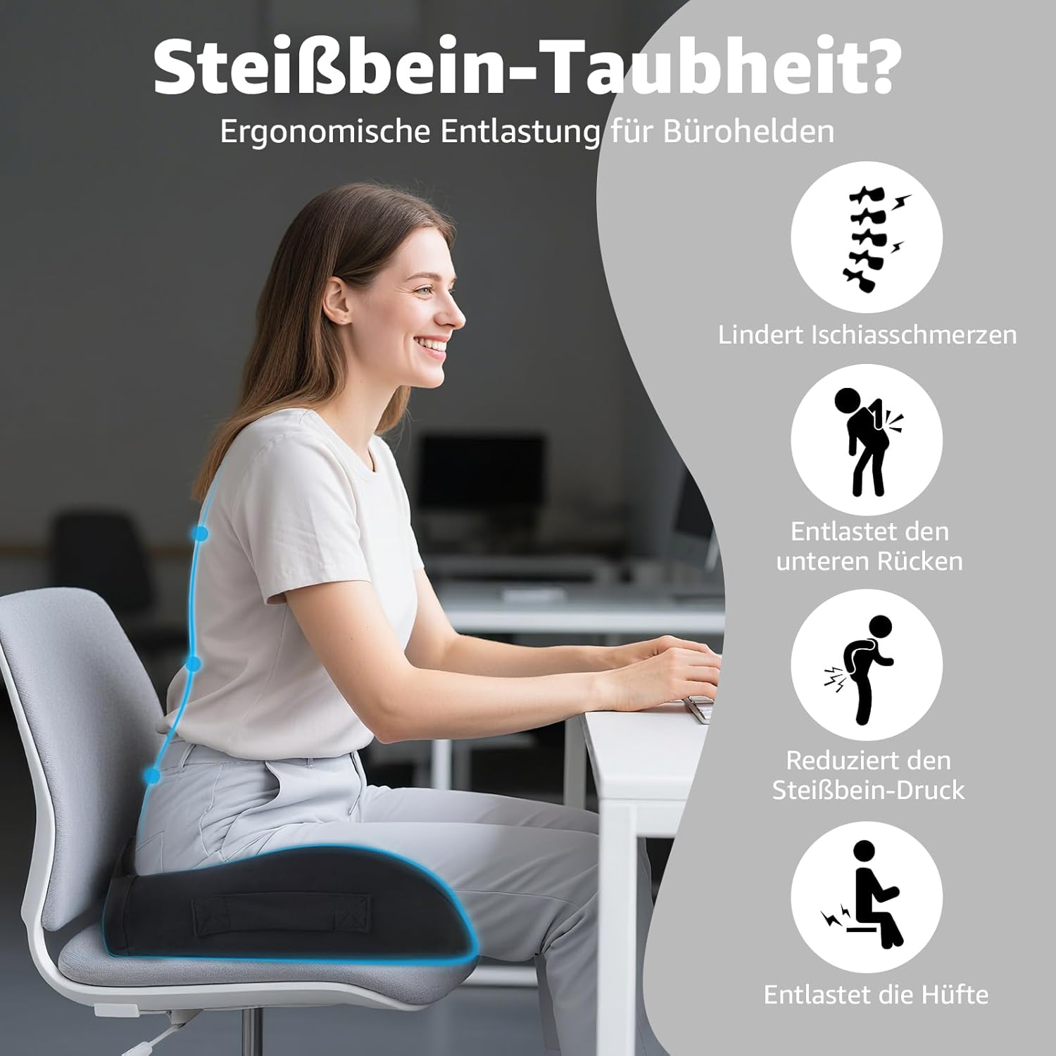 BRO Extra großes orthopädisches Sitzkissen mit Bezug aus Eisseide, ergonomisches Sitzkissen aus Memory-Schaum, Steißbein-Entlastung für Bürostuhl, Auto und Rollstuhl – Bild 7