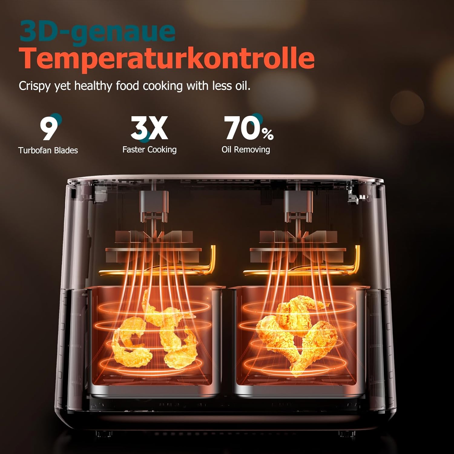 Heißluftfritteuse, 2 Kammern mit Sichtfenster, 9 l Airfryer, 2 Fächer, 9-in-1, Touchscreen, spülmaschinenfeste Körbe, antihaftbeschichtete Fritteusenkörbe, gesunde Fritteuse ohne Öl und fettarmes Kochen – Bild 4