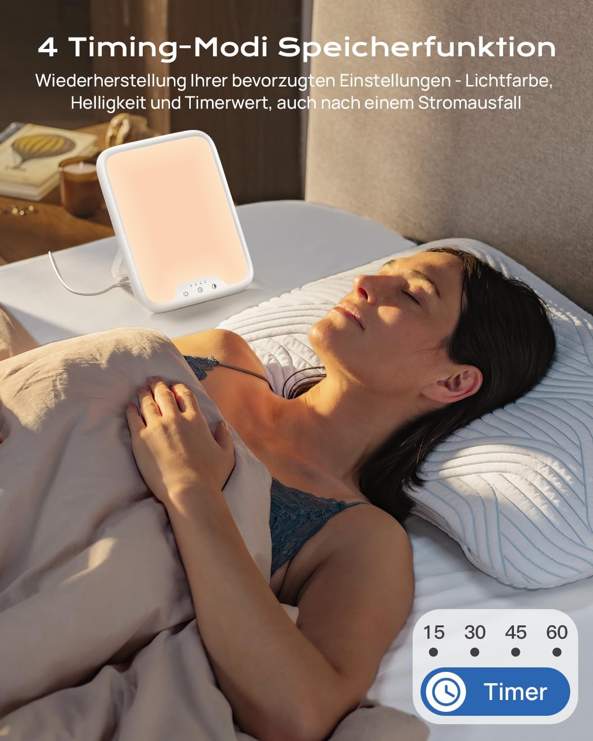 Tageslichtlampe, Tageslichtlampe, 10.000 Lux UV-freie Sonnenlichtlampe gegen Depression, Lichttherapielampe mit Memory-Funktion, 4 Timer, 3 Farbtemperaturen, kontinuierliche Helligkeit, faltbare Halterung – Bild 3