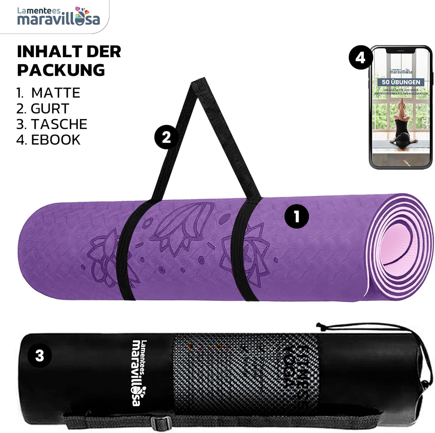 LA MENTE ES MARAVILLOSA Gymnastikmatte, rutschfestes TPE, 183 x 61 cm, inkl. Tragegurt + Tasche + Übungs-E-Book, gelenkschonende Yogamatte für Fitness, Pilates, geeignet für den Innen-/Außenbereich – Bild 3