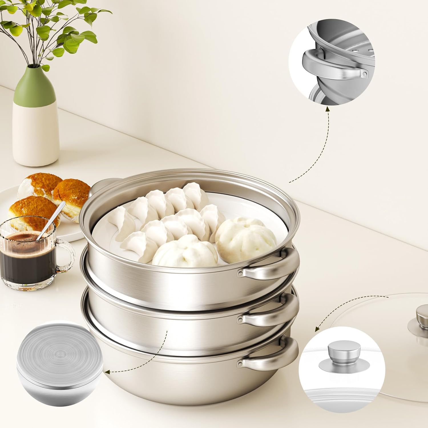 Dampfgarer zum Kochen – 28 cm Edelstahl-Dampfgarer mit Dampfeinsatz, 3/4/5-stöckiges Kochgeschirr mit Deckel zum Kochen von Gemüse, Meeresfrüchten, Suppen, Eintöpfen und Nudeln (vier) – Bild 3