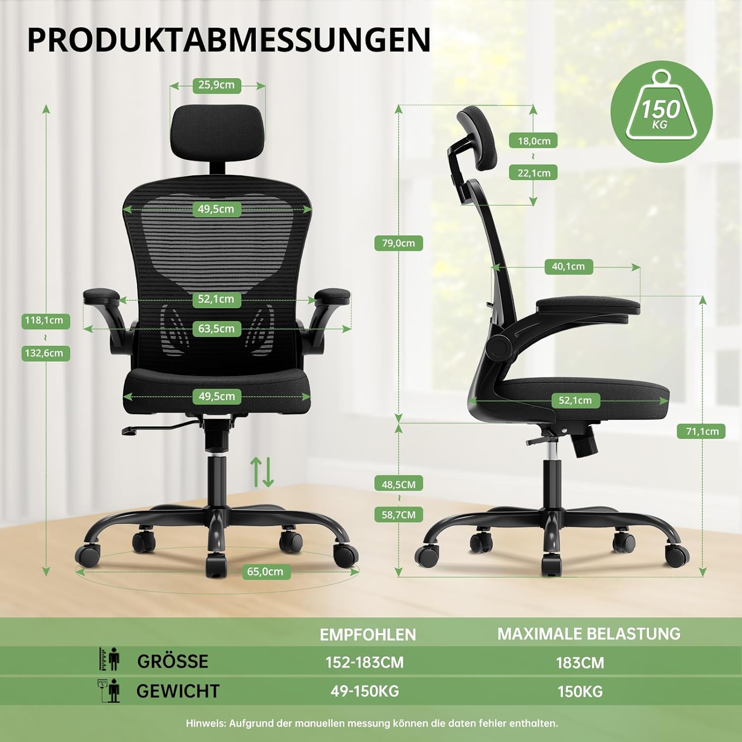 Synorla Bürostuhl, Langzeitkomfort, Schreibtischstuhl mit hoher Rückenlehne für den Heim-/Bürogebrauch, 360° drehbarer Gaming-Stuhl mit um 90° hochklappbaren Armlehnen und verstellbarer Lendenwirbelstütze, Schwarz – Bild 2