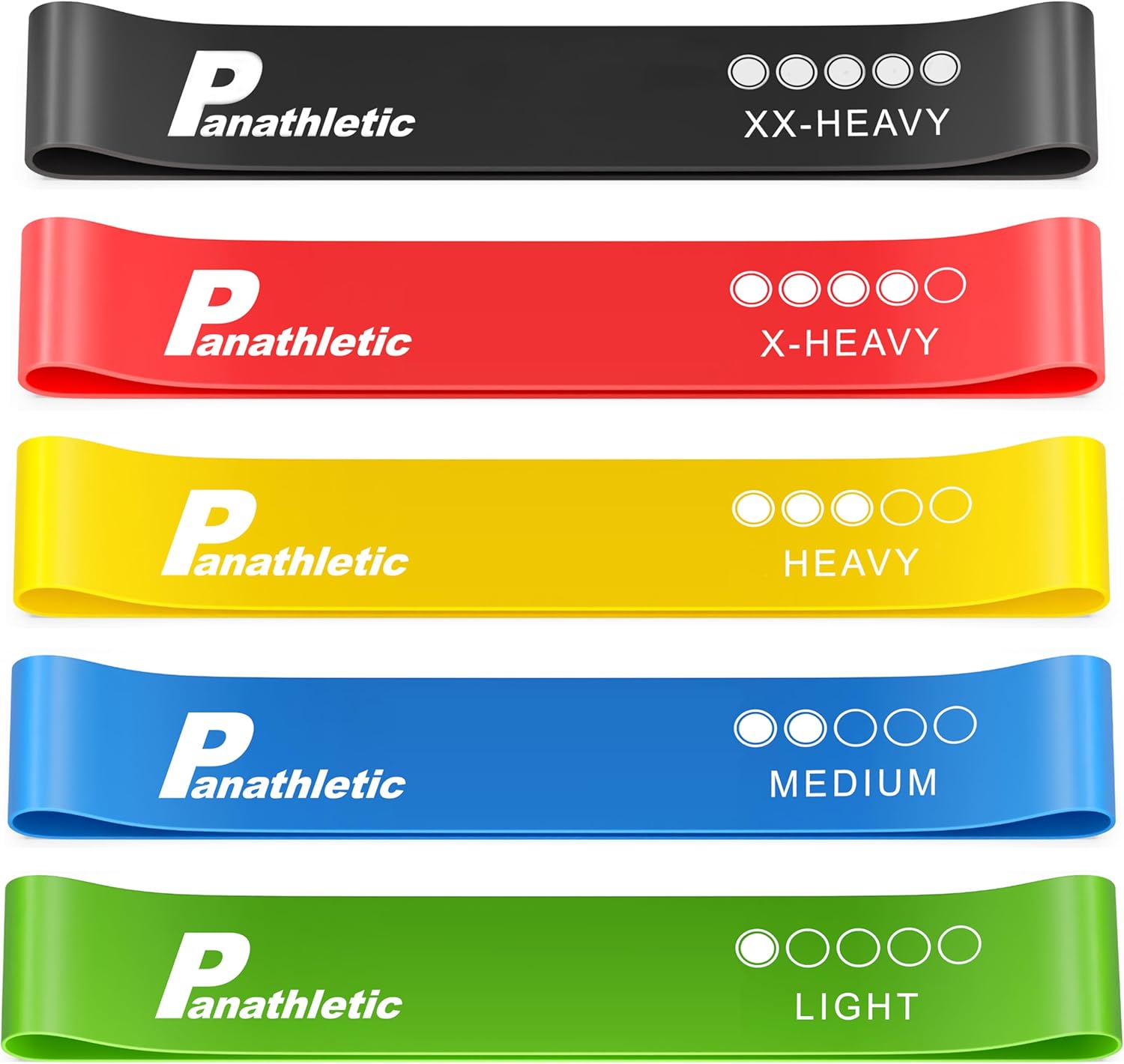 Panathletic Fitnessbänder, Set mit 5 verschiedenen Kraftbändern, Übungsanleitung, eBook auf Deutsch, Tragetasche – 5 x Fitnessbänder, Gymnastikband, Therabänder, Widerstandsbänder