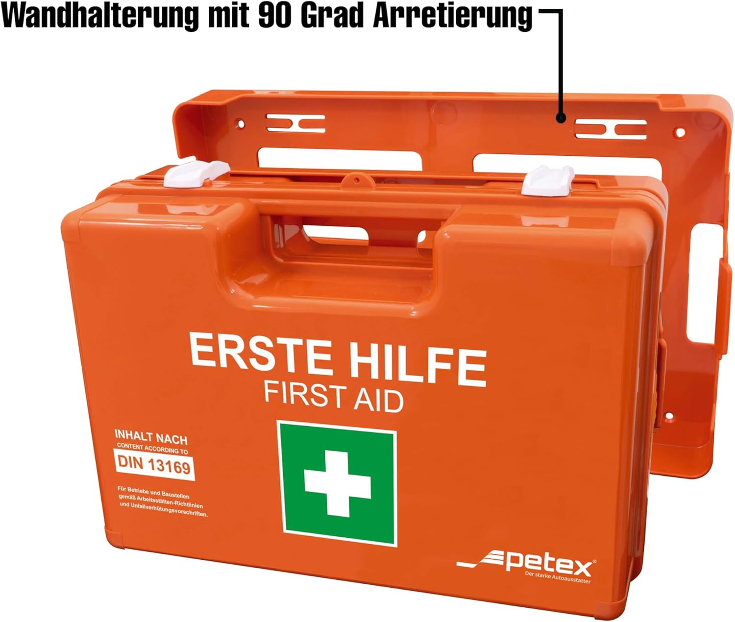 PETEX Profi-Erste-Hilfe-Set mit Inhalt nach DIN 13169, inkl. praktischer Wandhalterung, 5 x Aufkleber, Erste-Hilfe-Koffer, orangefarbenes Erste-Hilfe-Set für Gewerbe, Büro, Baustelle – Bild 8