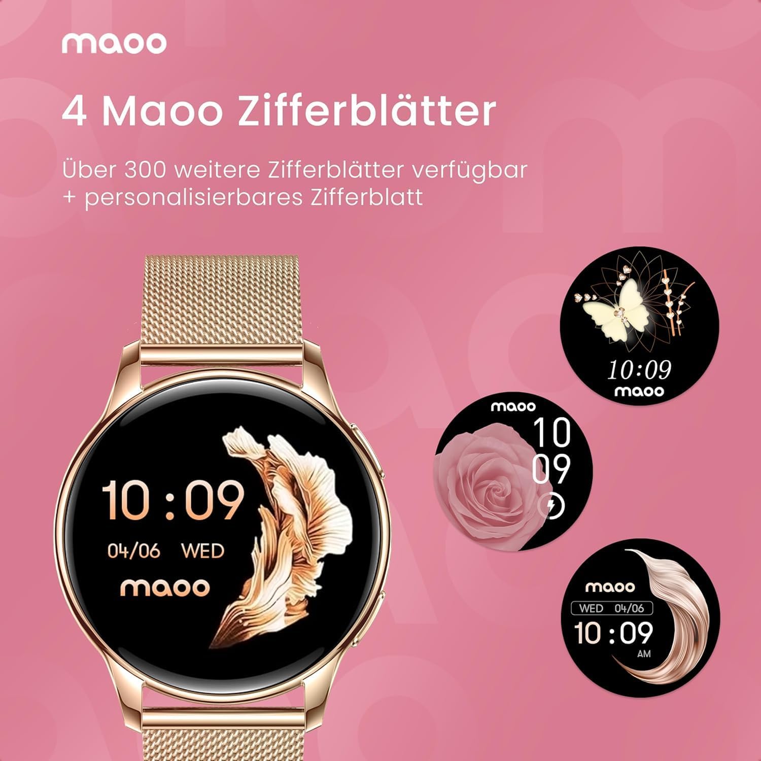maoo Ventura Damen Smartwatch mit Anruffunktion, 1,32 Zoll AMOLED Display, Herzfrequenzmesser, SPO₂, Blutdruckmessgerät, 100+ Sportmodi, IP67 wasserdicht, inklusive 5 Armbändern (Roségold) – Bild 12