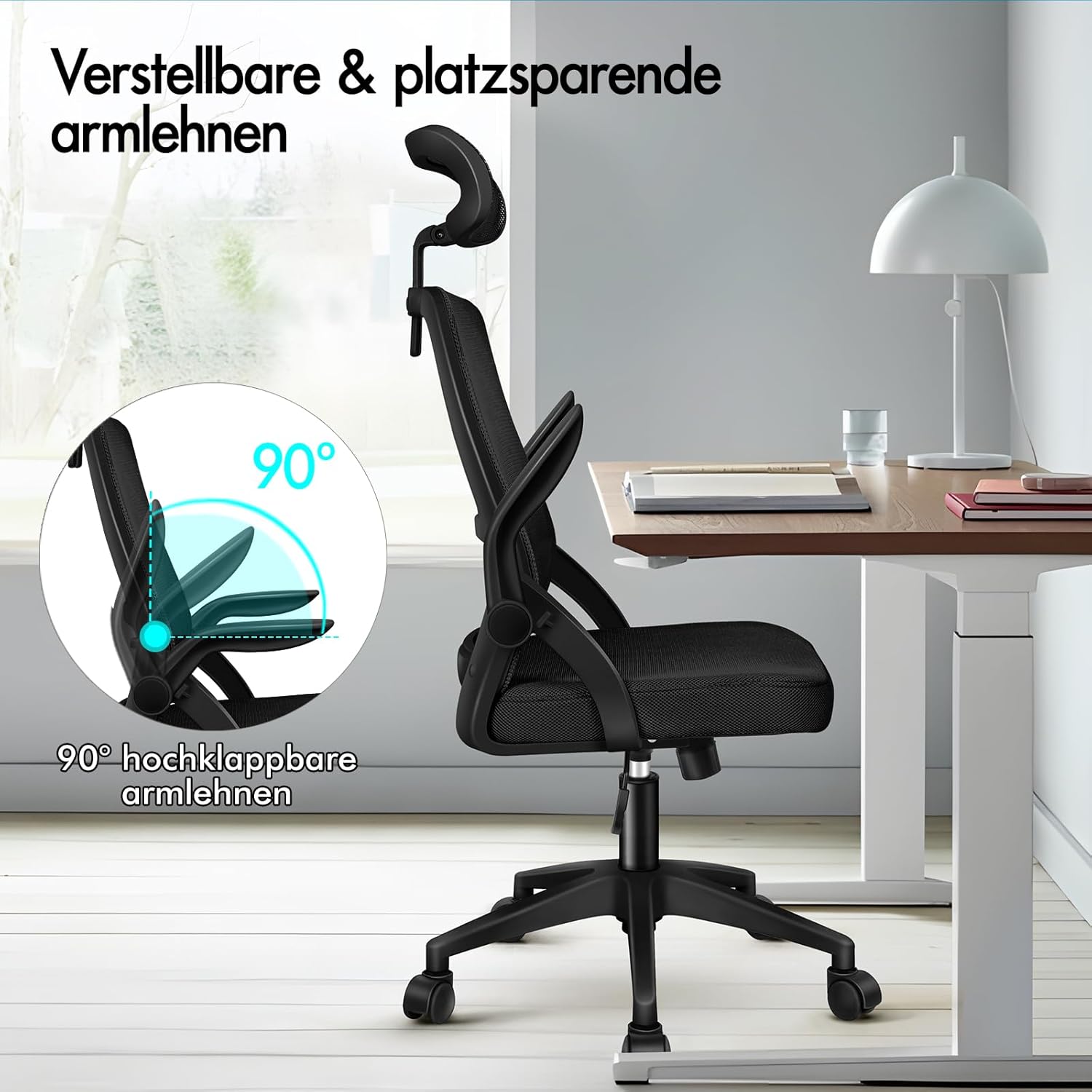 ALFORDSON Ergonomischer Büro-Schreibtischstuhl, Computerstuhl mit dynamischer Lordosenstütze, neigbarer Drehstuhl mit hochklappbarer Armlehne, Schwarz – Bild 6