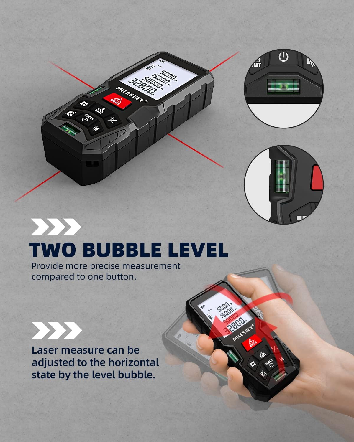 Laser-Entfernungsmesser 100 m, MiLESEEY Lasermessgerät mit 2 Wasserwaagen, ±2 mm Genauigkeit, 2 Zoll LCD-Hintergrundbeleuchtung, M/In/Ft/Ft+In-Einheiten, Flächen-/Volumenberechnung, IP54 – Bild 3