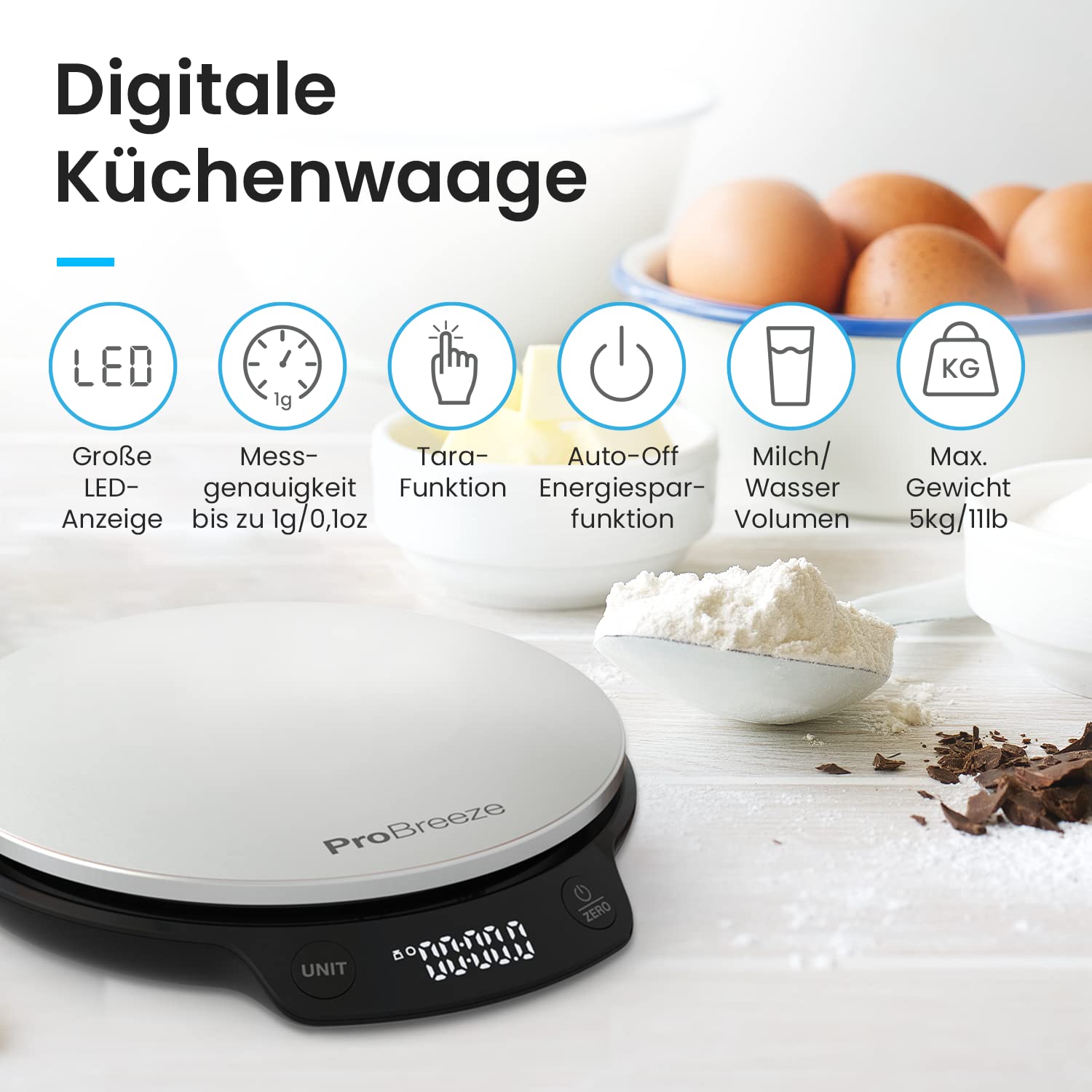 Pro Breeze Digitale Küchenwaage bis 5 kg – Professionelle Digitalwaage für präzise Messgenauigkeit bis 1 g, inklusive Flüssigkeitsmessung, mit großem LCD-Display und Tara-Funktion – Silber/Edelstahl – Bild 2