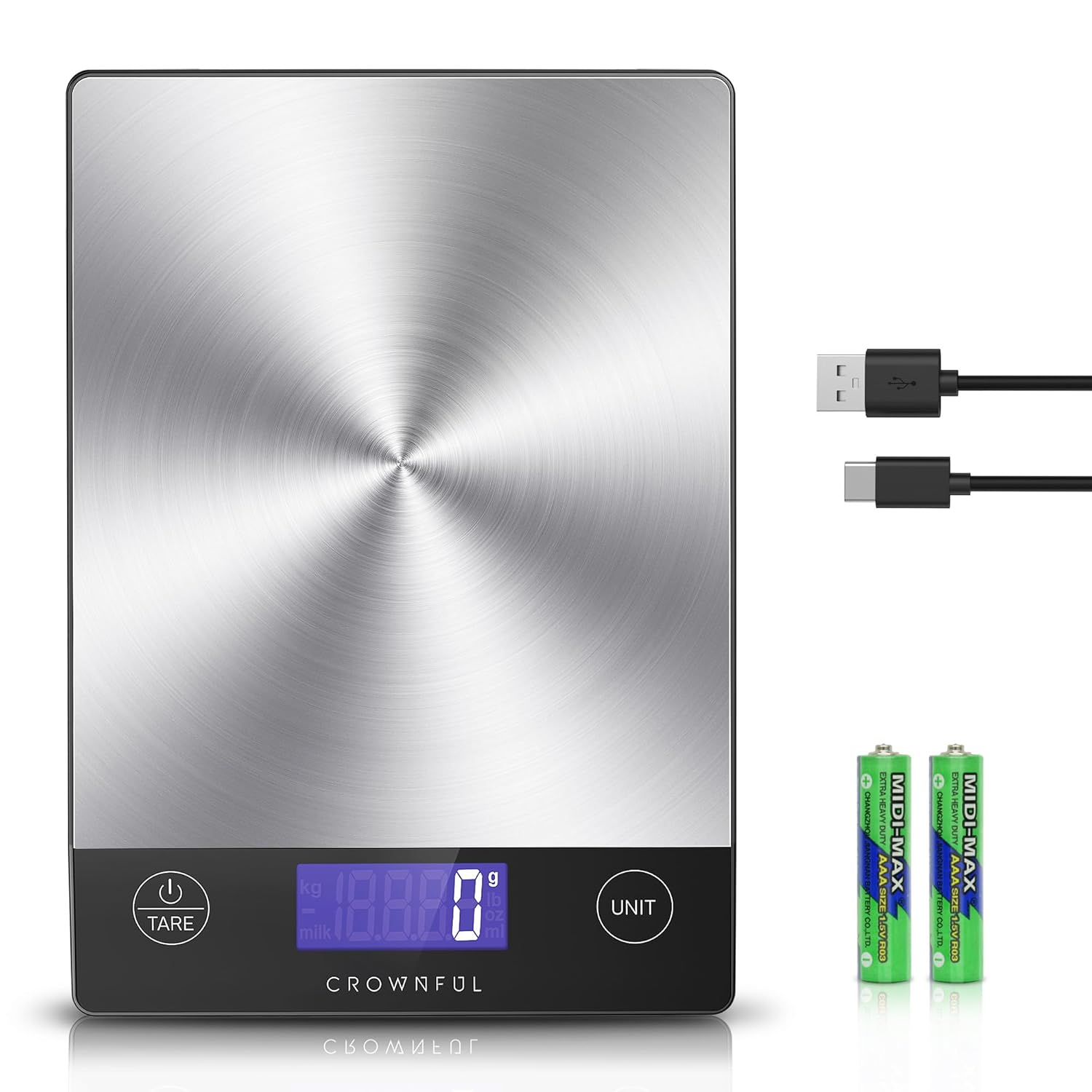 CROWNFUL Wiederaufladbare Lebensmittel-Küchenwaage, 33-Pfund-Digitalwaage, Lebensmittelwaage zum Backen und Kochen, Typ-C-Aufladung, LCD-Display, 304 Edelstahl