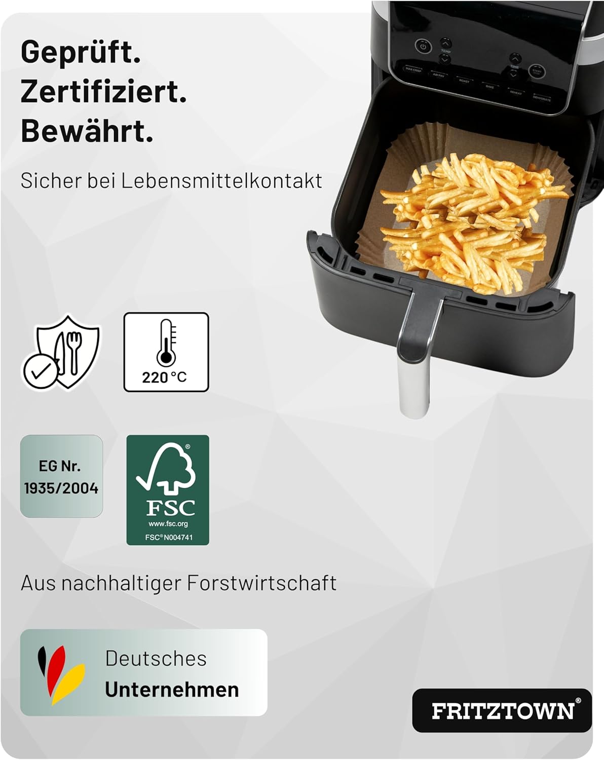 Backpapier für Heißluftfritteuse 1,2 L - 4,5 L | Heißluftfritteusen-Backpapier Pergamentpapier | 100 Blatt 16 x 16 cm quadratisch | Kompatibel mit Ninja COSORI Philips Cecotec Midea Russell XL XXL Airfryer – Bild 3