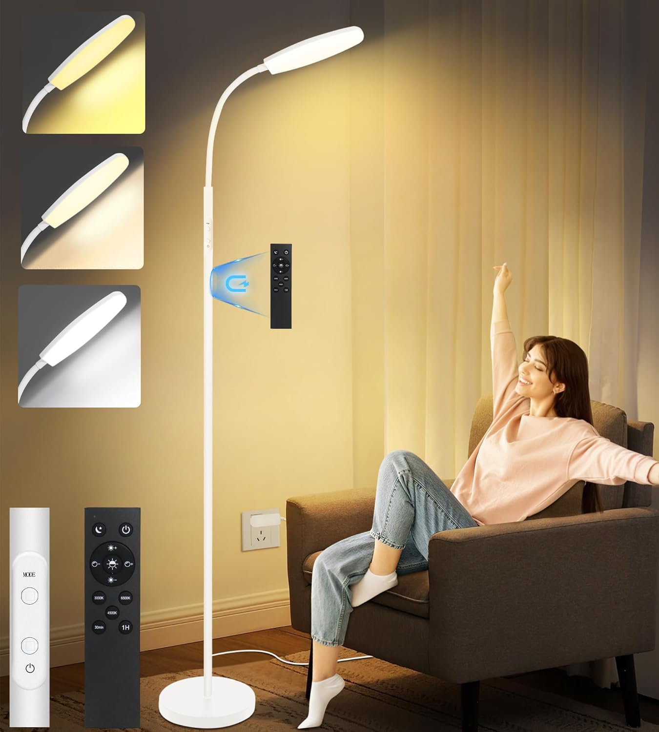 AearKing Tageslichtlampe Stehlampe, 10000 Lux UV-freie Lichttherapielampe, Tageslichtlampe Lichttherapie mit 10 Farben, 6 Helligkeitsstufen & Timer, Tageslichtlampen, Sonnenlichtlampe mit Fernbedienung