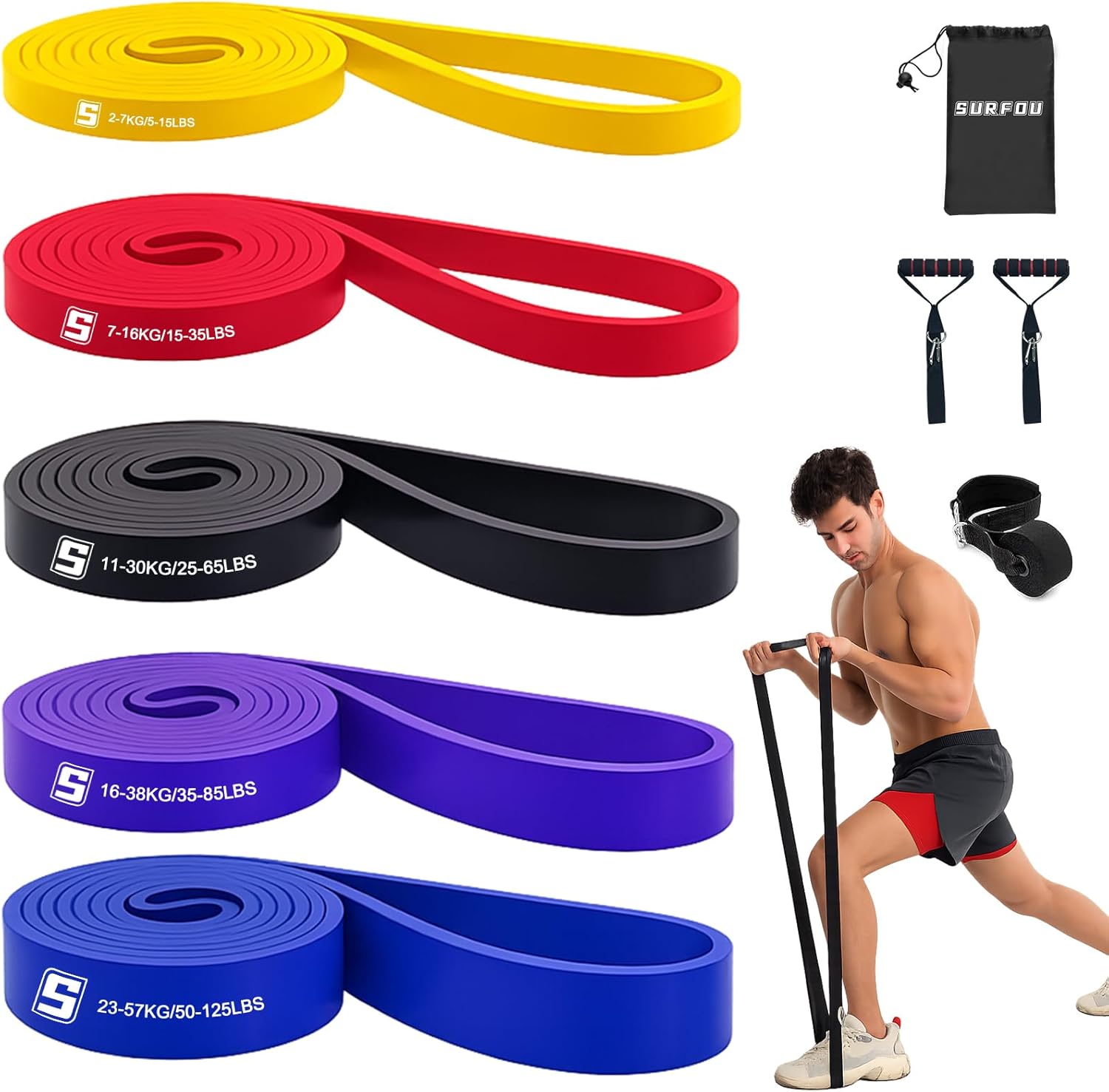 SURFOU Fitnessbänder Set mit 4 Widerstandsstufen, Widerstandsbänder mit Türanker, 2 Griffen, Übungsanleitung & Tragetasche, für Yoga, Pilates, Krafttraining, Klimmzughilfe