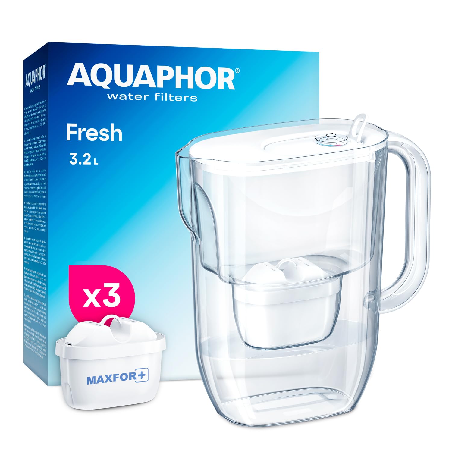 AQUAPHOR Frischwasserfilterkanne 3,2 L – Filterkanne mit 3 Maxfor+ Kartuschen – Trinkwasserfilter reduziert Kalk & Chlor – Für Kaffee, Tee & Trinkwasser – Weiß