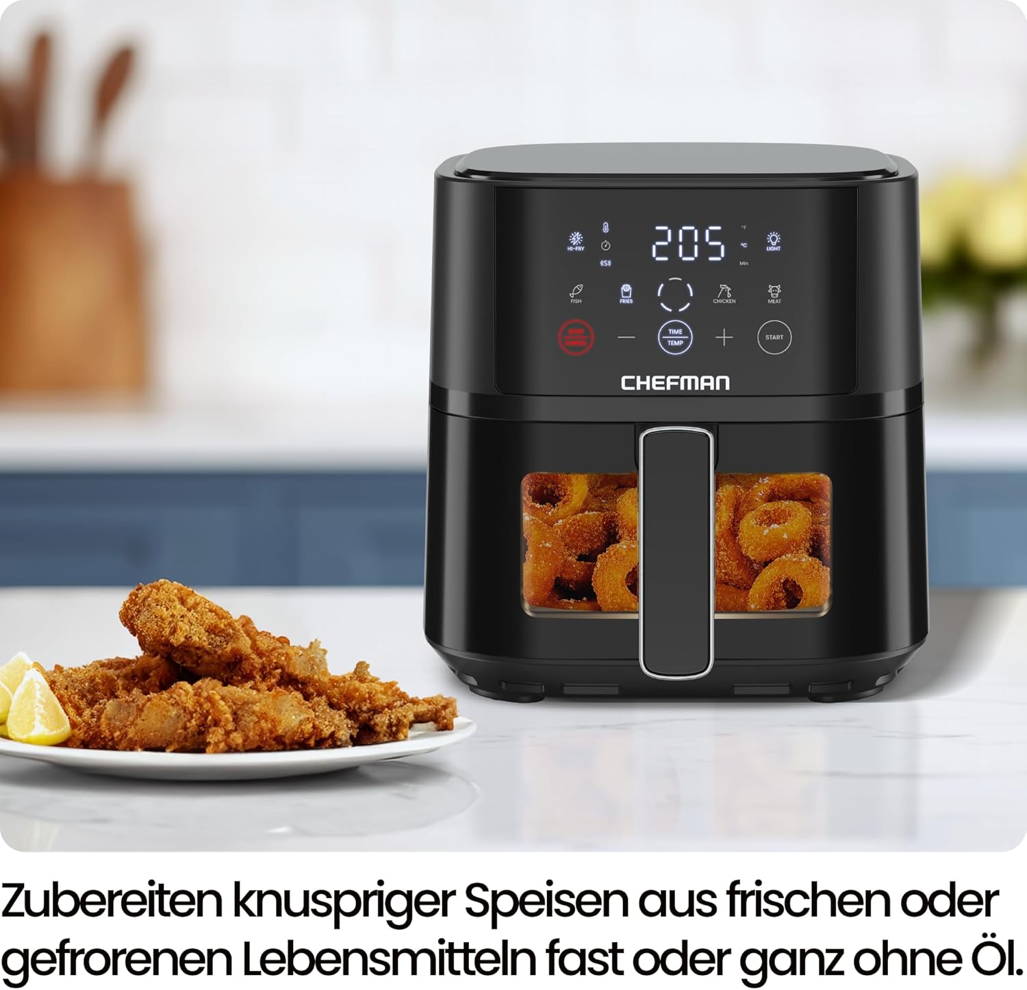 Chefman Heißluftfritteuse – 3,75 l kompakte Heißluftfritteuse für schnelle Mahlzeiten, mit Hi-Fry-Technologie, Sichtfenster, Touch-Bedienung, antihaftbeschichtet und spülmaschinenfest – Schwarz – Bild 2