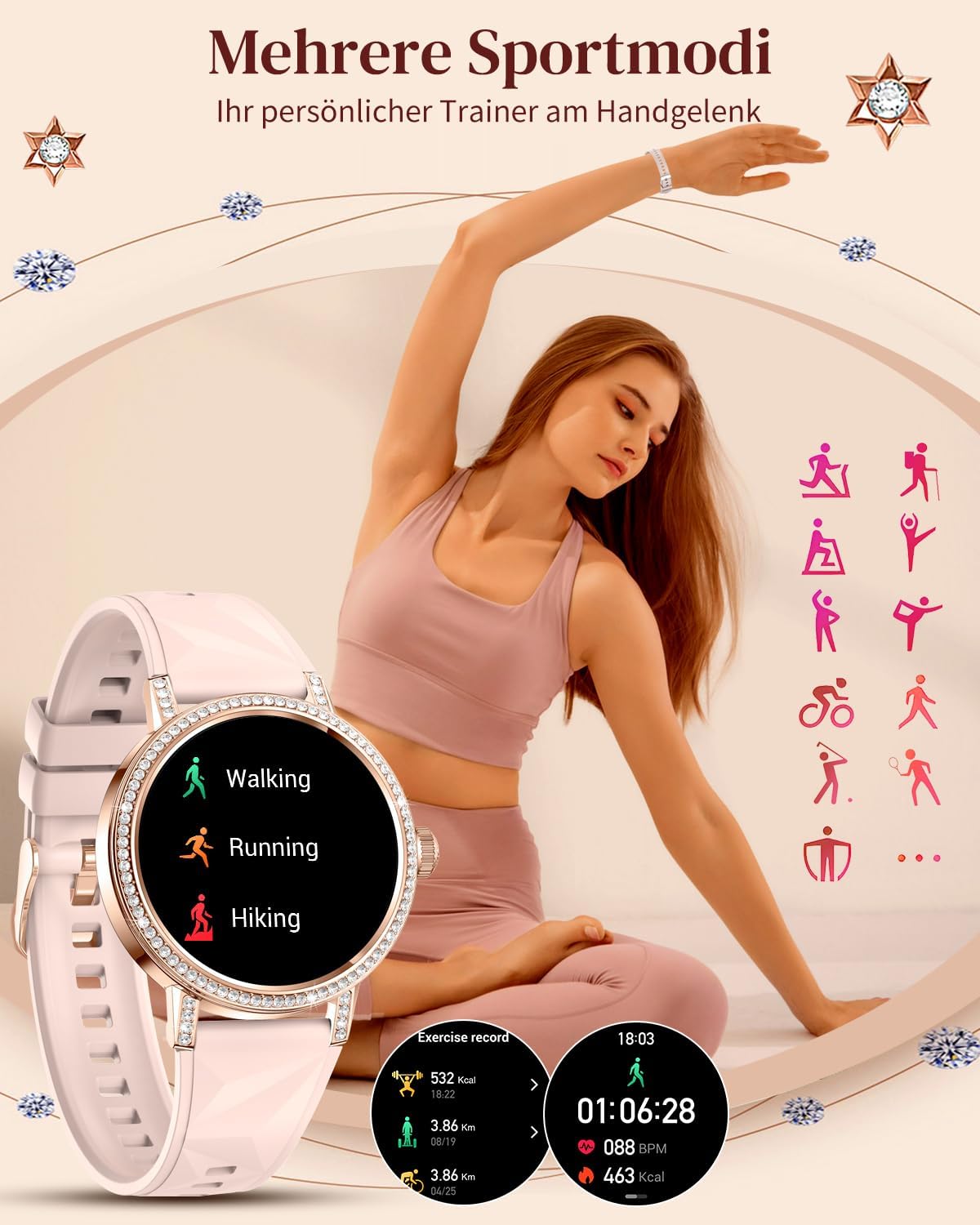 Female Diamond Smartwatch, Bluetooth-Anrufe (Annehmen und Anrufe)/Schlaf-/Herzfrequenz-Smartwatch mit 1,27-Zoll-HD-Display, Fitness-Tracker für Android und iOS – Bild 7