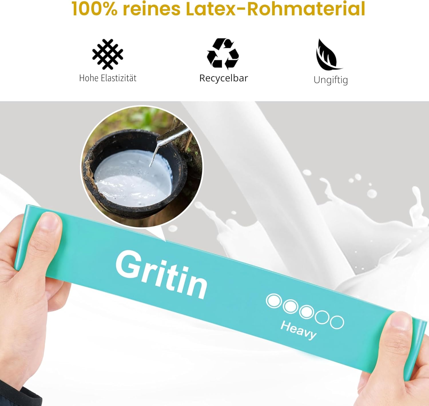 Gritin Fitnessbänder (5er Set) Widerstandsbänder mit 5 Stufen, 100% Latex Fitnessband Widerstand mit deutscher Übungsanleitung und Tragetasche, Gymnastikband für Muskelaufbau, Yoga – Bild 3