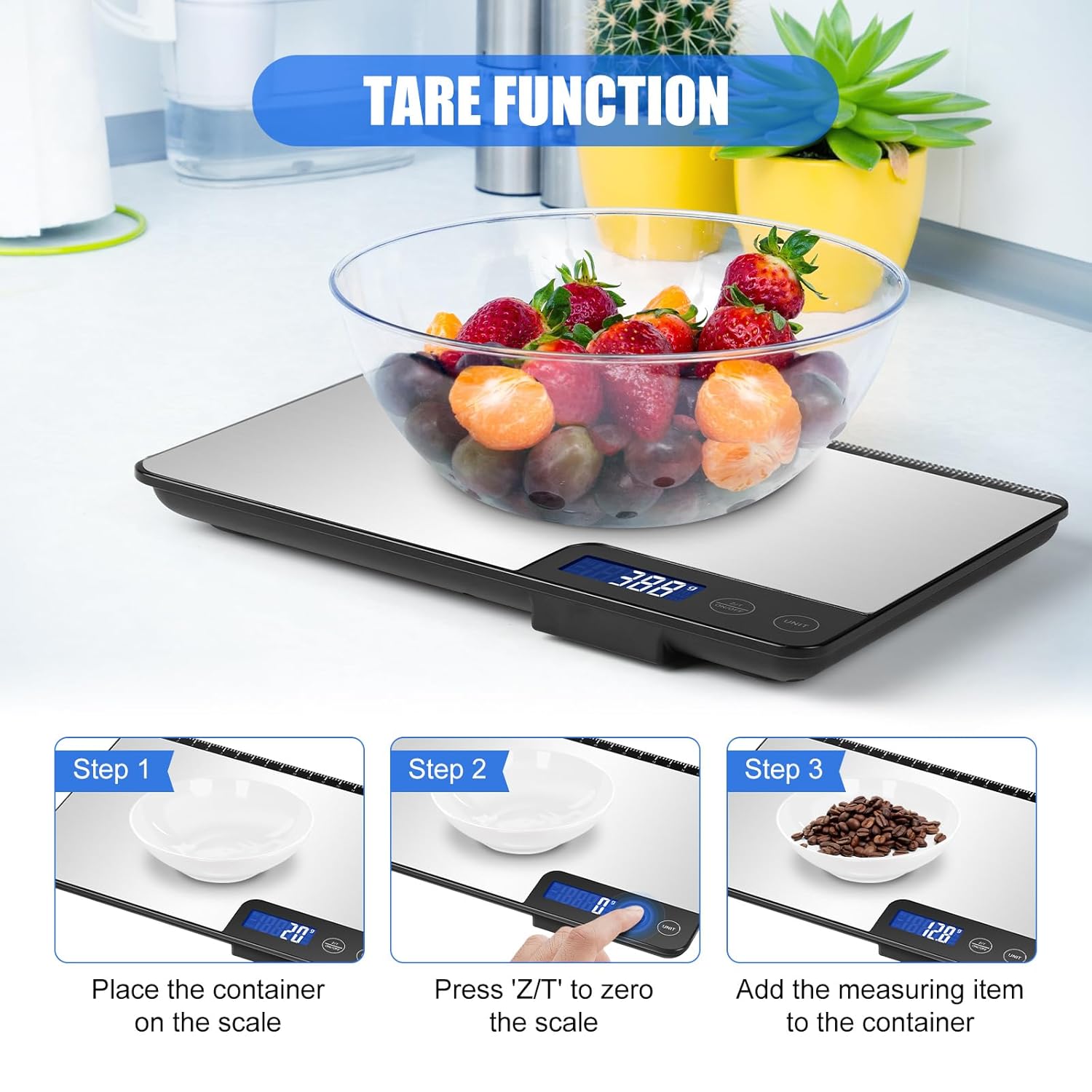 Große digitale Küchenwaage 15 kg, präzise Lebensmittelwaage mit 1 g Genauigkeit, individuelle automatische Abschaltung (3, 10 und 60 Minuten), LCD-Display, Gramm und Unzen, ideal für Zuhause, Kochen und Backen – Bild 5