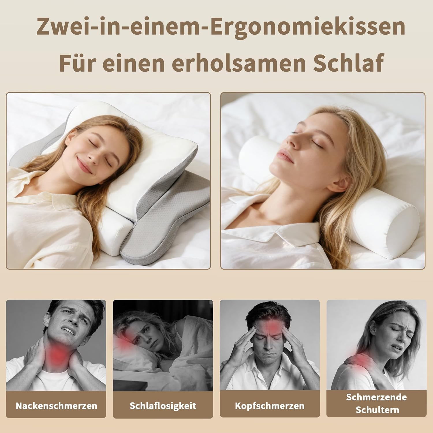 LAMB Orthopädisches Memory-Schaum-Kissen, ergonomisches Seitenschläferkissen, zwei in einem Nackenstützkissen und Nackenrolle, Kissen gegen Nackenschmerzen, Schlafkissen für Seiten, grau – Bild 4