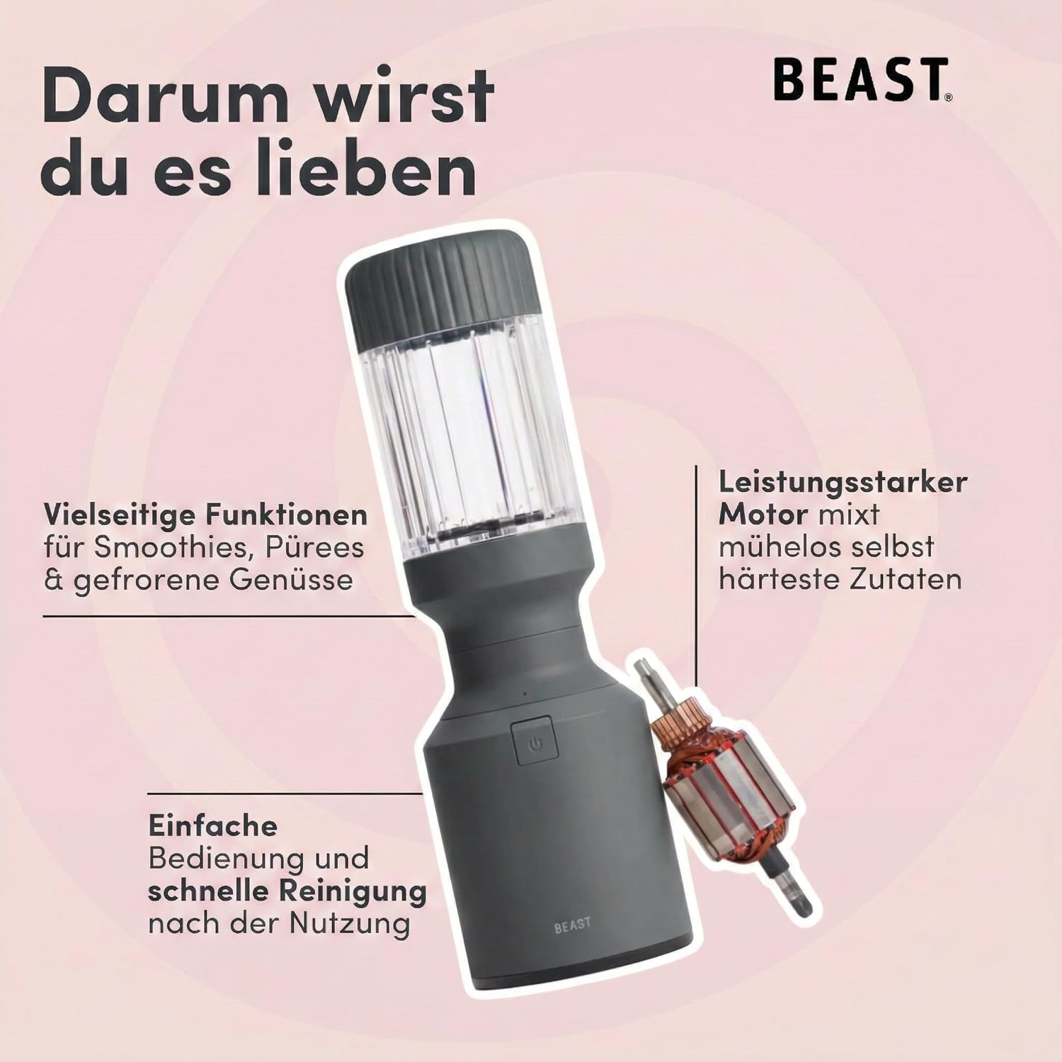 BEAST Standmixer 1200 W – Smoothie Maker Hochleistungsmixer mit 3 Tritan-Rührbechern – 1200 ml – To-go-Trink- und Aufbewahrungsdeckel – Mixer für Smoothies, Eis und Shakes – Bild 3
